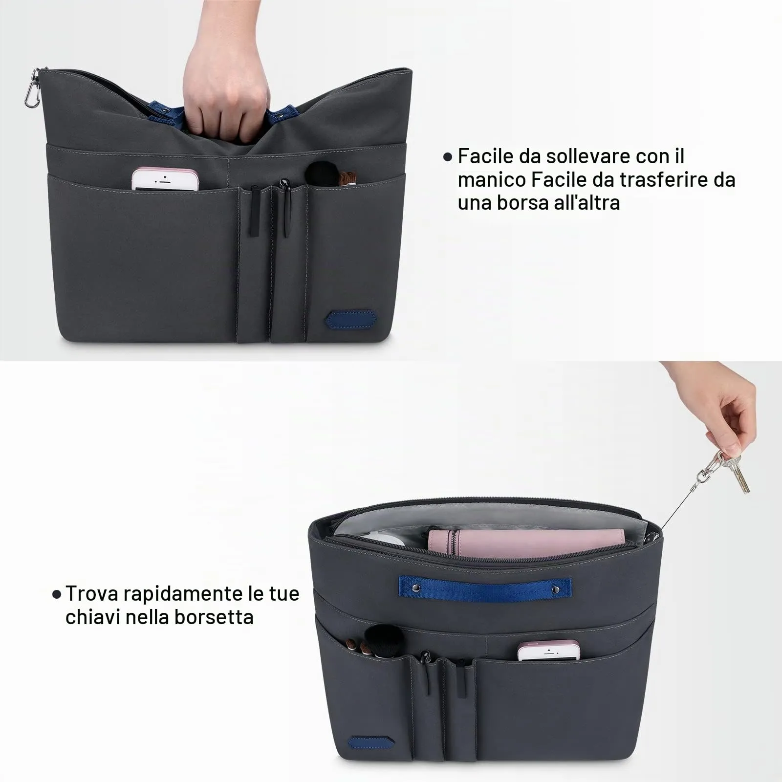 HyFanStr Organizer da Borsa Donna in Poliestere Impermeabile con Cerniera e Portachiavi, Grigio Scuro, XXS - immagine 5