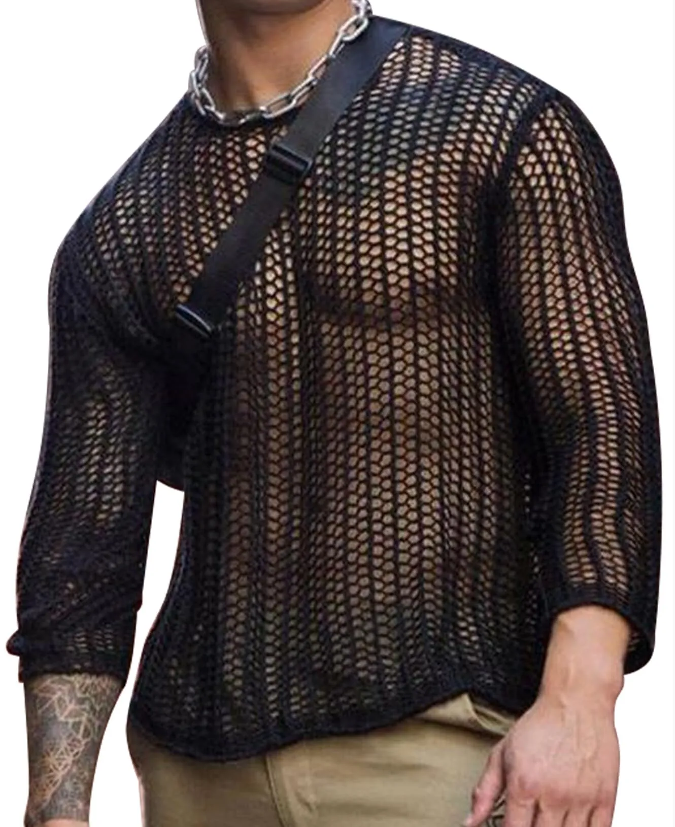 AIEOE Maglia da uomo trasparente in pizzo a manica lunga, Nero 04, L - immagine 1