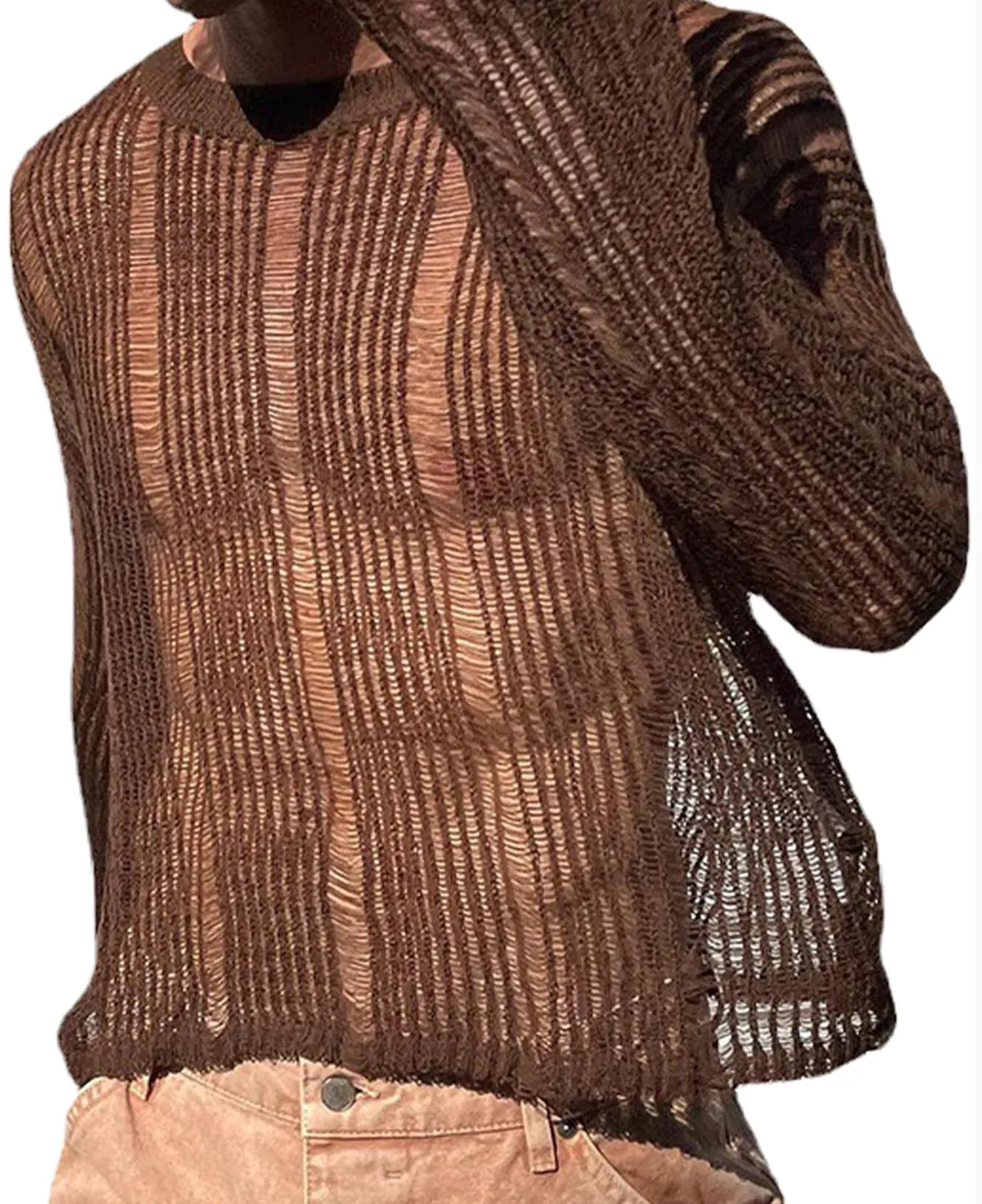 AIEOE Camicia da Uomo Trasparente in Rete e Pizzo a Maniche Lunghe, Marrone, XL - immagine 1