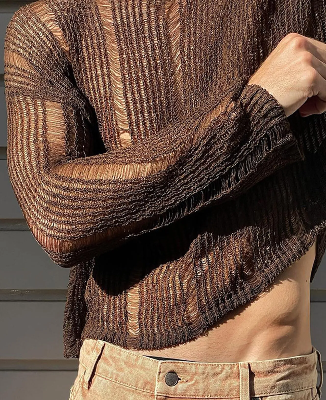 AIEOE Camicia da Uomo Trasparente in Rete e Pizzo a Maniche Lunghe, Marrone, XL - immagine 2