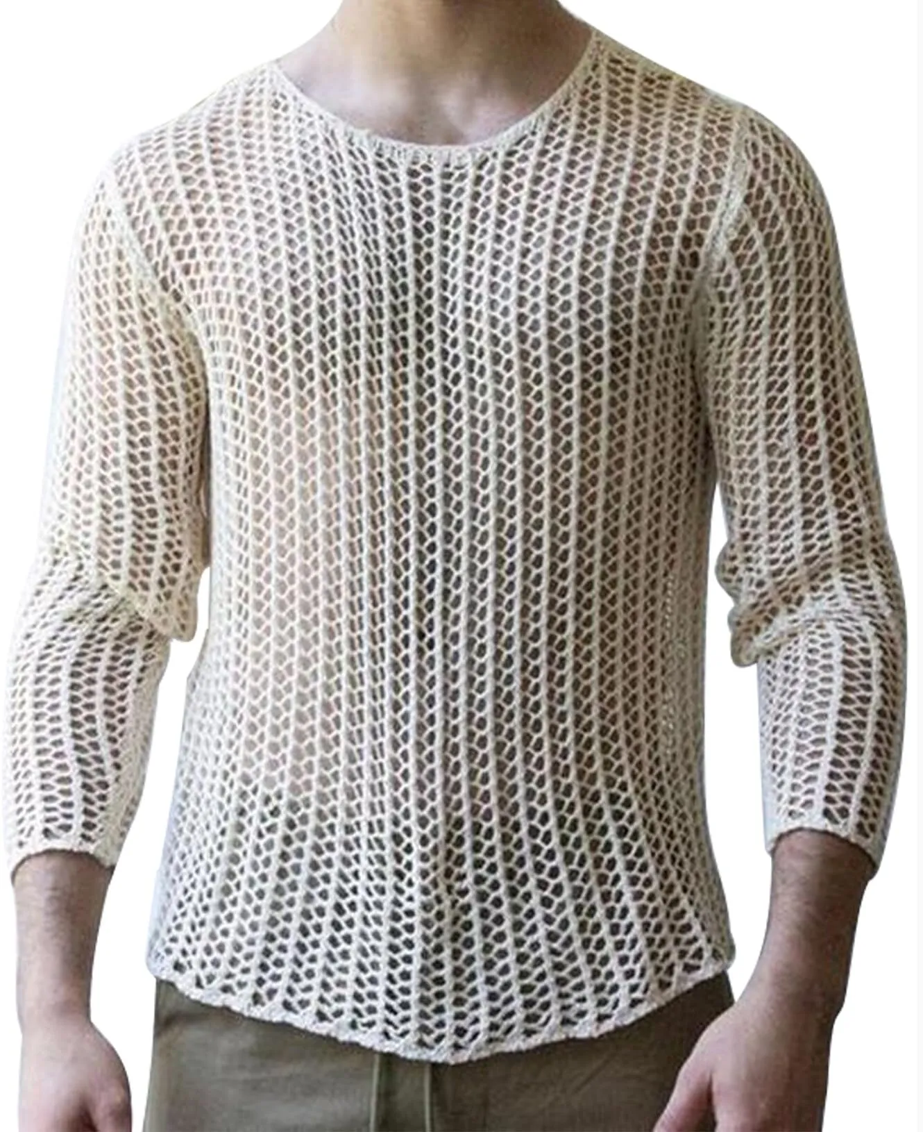 AIEOE Camicia da uomo in rete con pizzo, maniche lunghe, Bianco 04, M - immagine 1