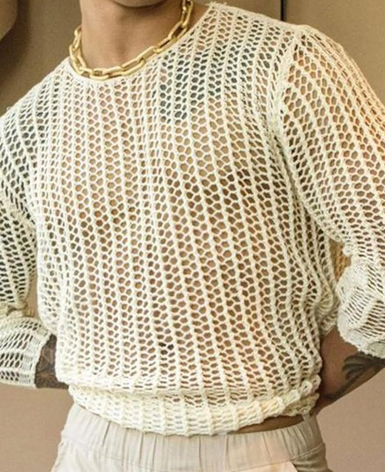 AIEOE Camicia da uomo in rete con pizzo, maniche lunghe, Bianco 04, M - immagine 3