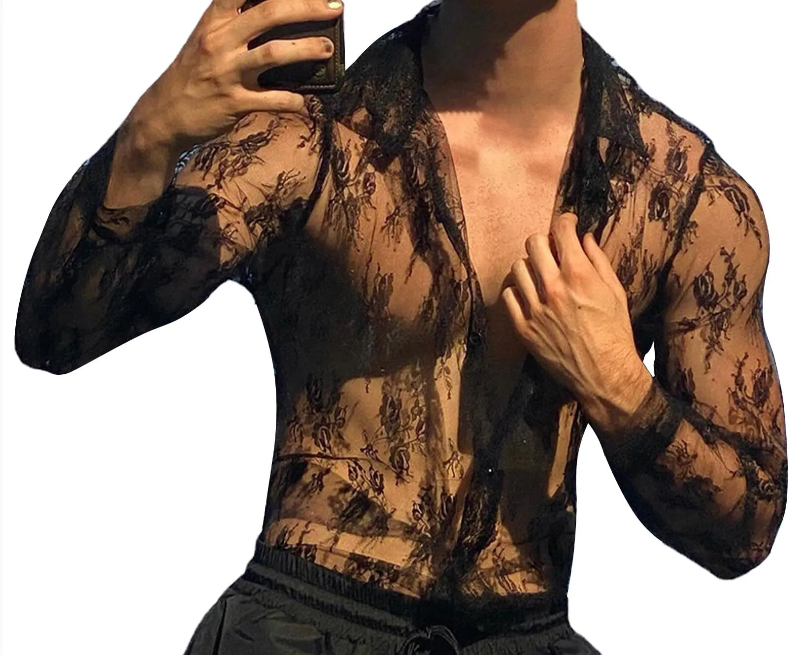 AIEOE Maglietta a Maniche Lunghe in Maglia Traforata Trasparente da Uomo, M - immagine 1