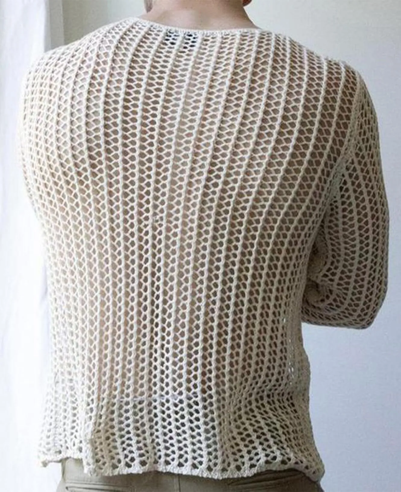 AIEOE Camicia da Uomo Trasparente in Rete e Pizzo a Maniche Lunghe, Bianco 04, L - immagine 2