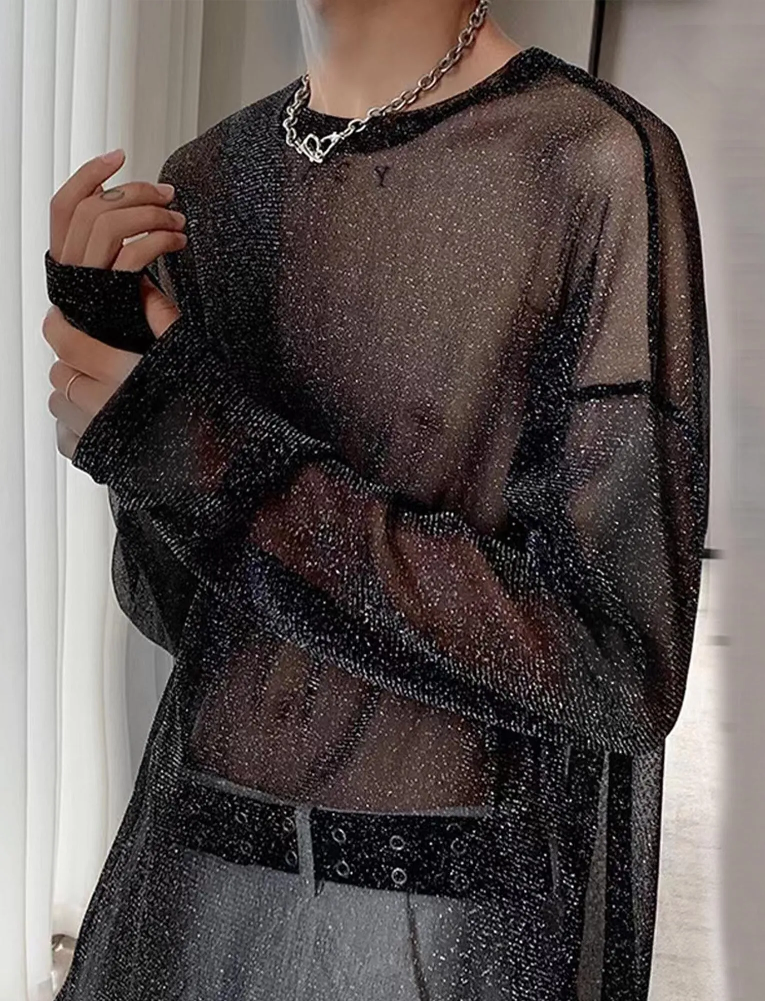 AIEOE Camicia da Uomo Trasparente in Rete con Pizzo, Maniche Lunghe, Nero 07, L - immagine 3