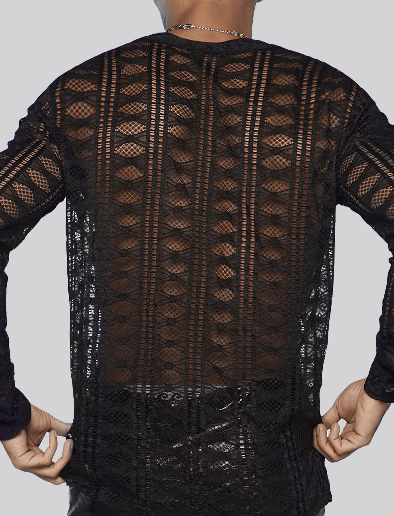AIEOE Camicia da Uomo Trasparente in Rete con Pizzo, Maniche Lunghe, Nero 06, XL - immagine 2