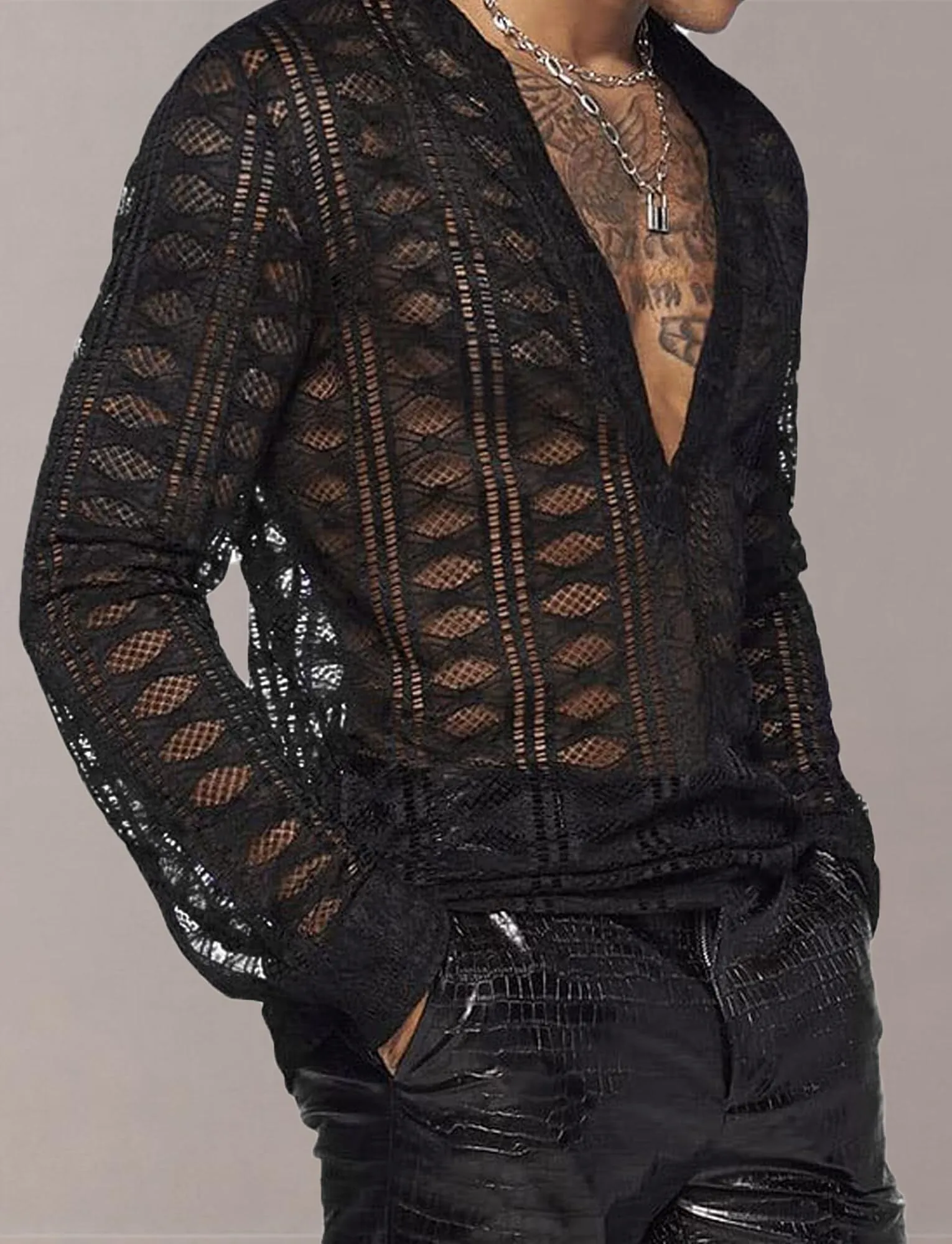 AIEOE Camicia Trasparente da Uomo in Rete con Pizzo, Maniche Lunghe, Nero 06, L - immagine 3