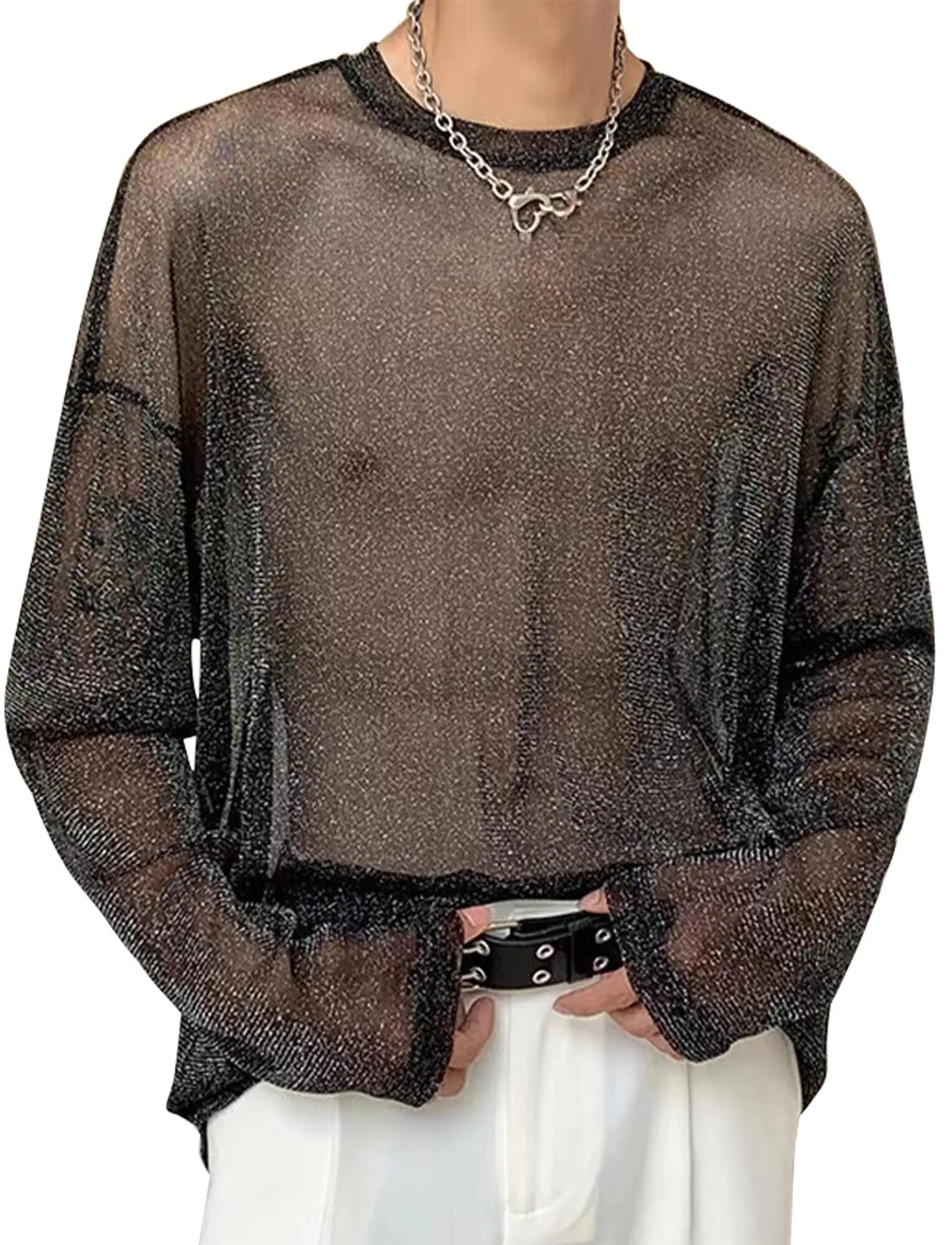 AIEOE Camicia da Uomo Trasparente in Rete e Pizzo a Maniche Lunghe, Nero 07, XL - immagine 1