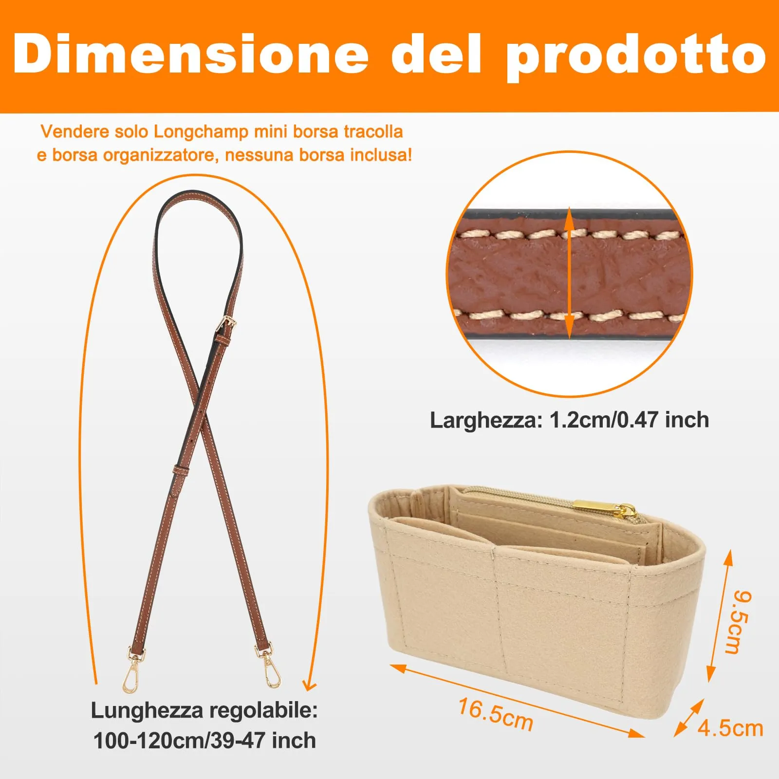 GADITIEK Tracolla in Pelle e Organizzatore in Feltro per Longchamp Mini Pliage - immagine 5