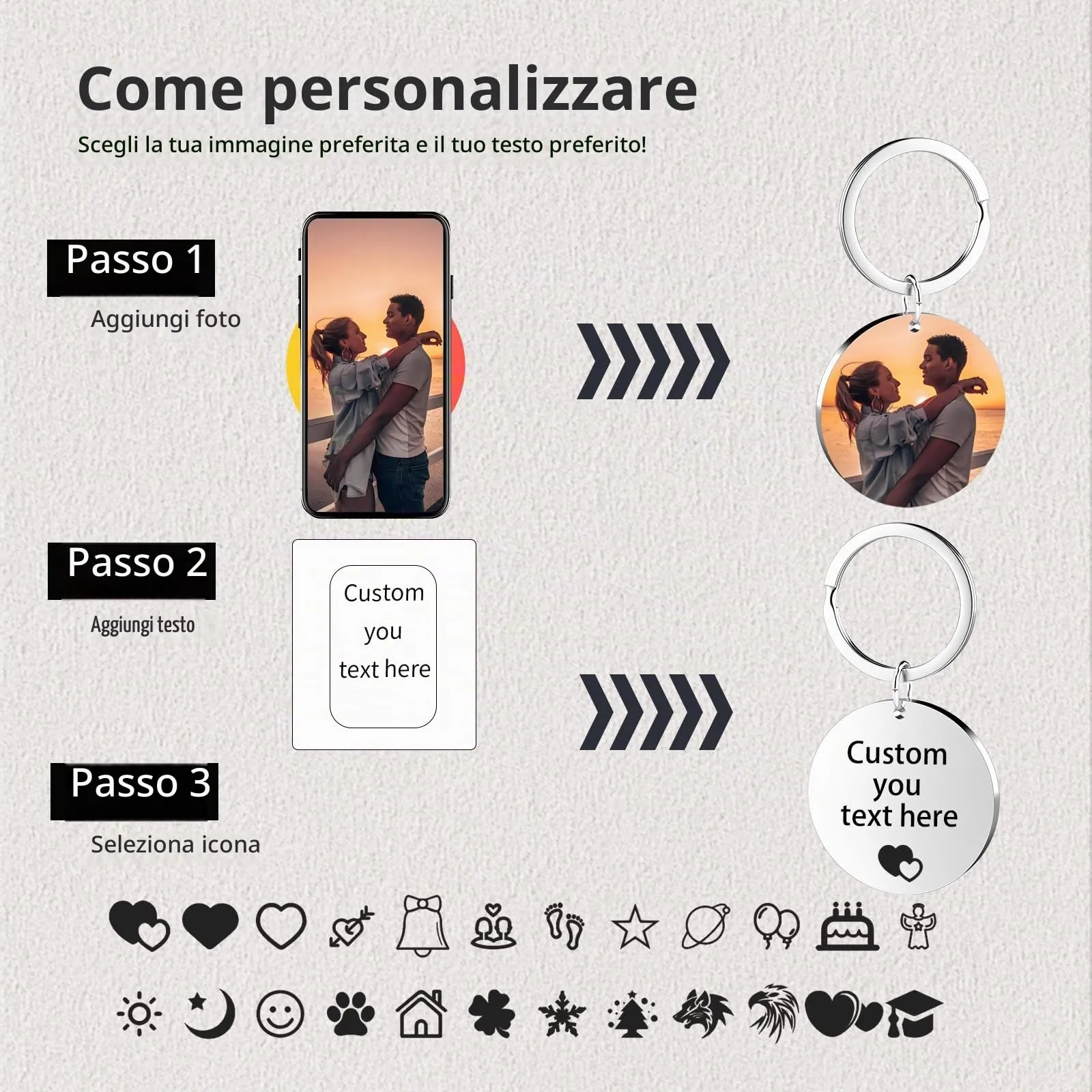 Eiwoty Portachiavi Personalizzato con Immagine e Testo, Doppio Lato, S - immagine 2