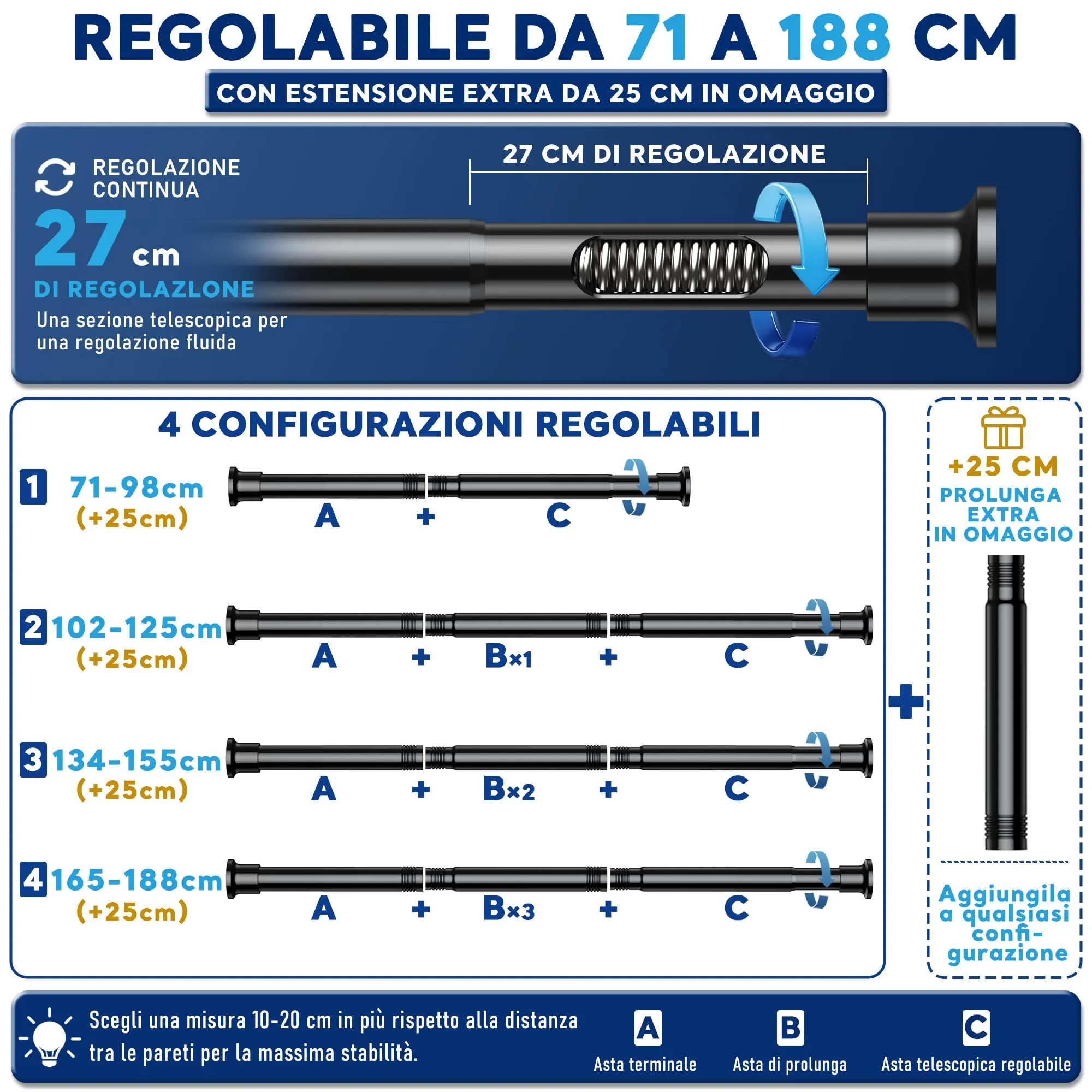 BSYXLSX Bastone Tenda a Pressione Nero, 71-185 cm, Ø 25 mm - immagine 2
