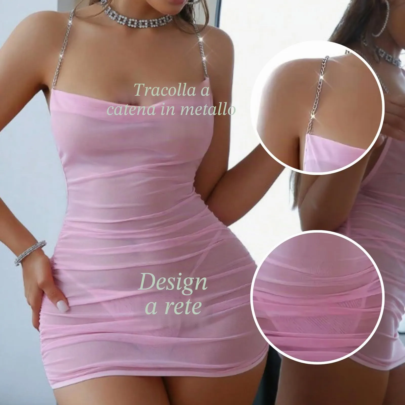PARUPRUP Donna Mini Abito Trasparente con Spalline in Metallo Babydoll Rosa - immagine 7