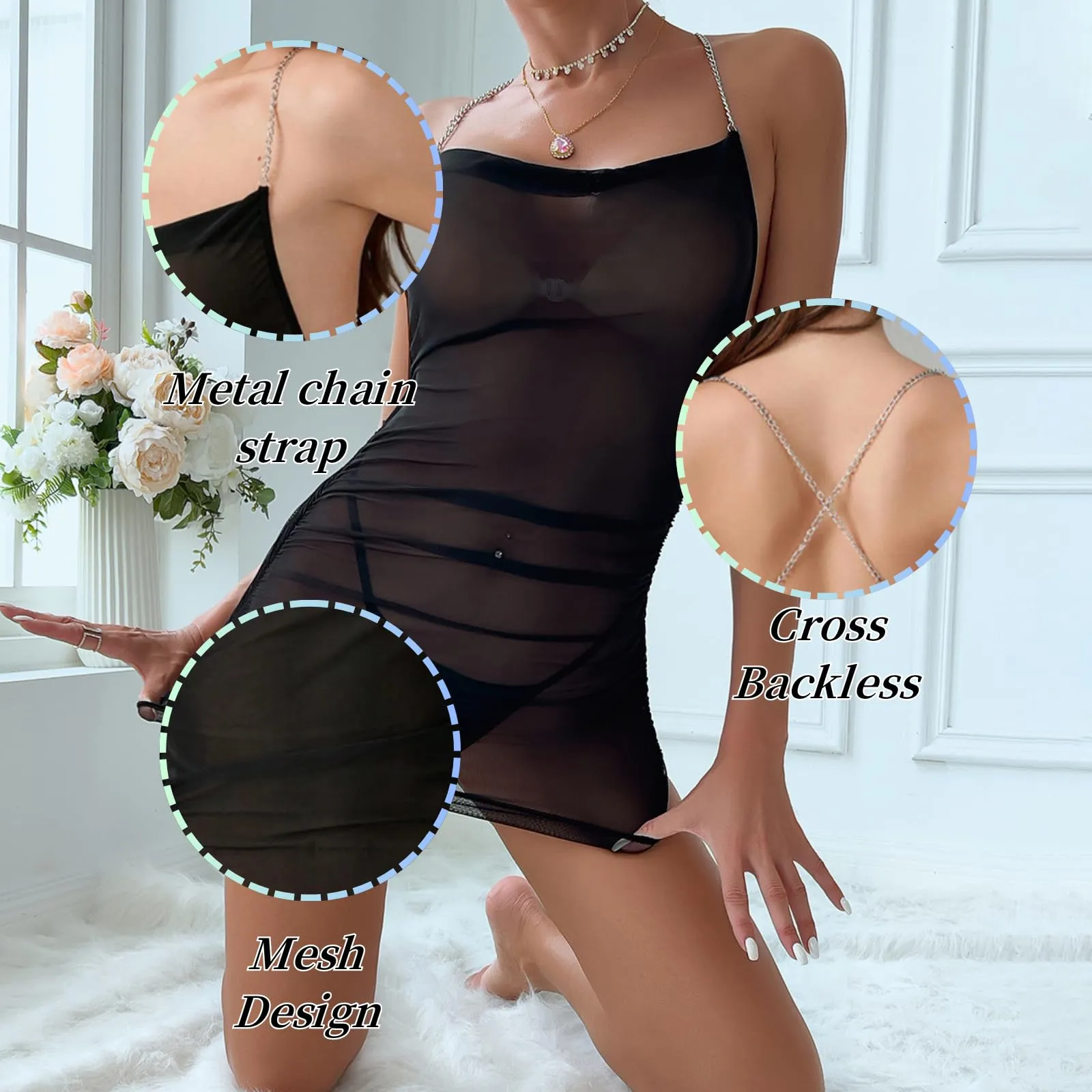 PARUPRUP Donna Mini Abito Trasparente con Spalline in Metallo, Babydoll Senza Schiena (Nero) - immagine 6