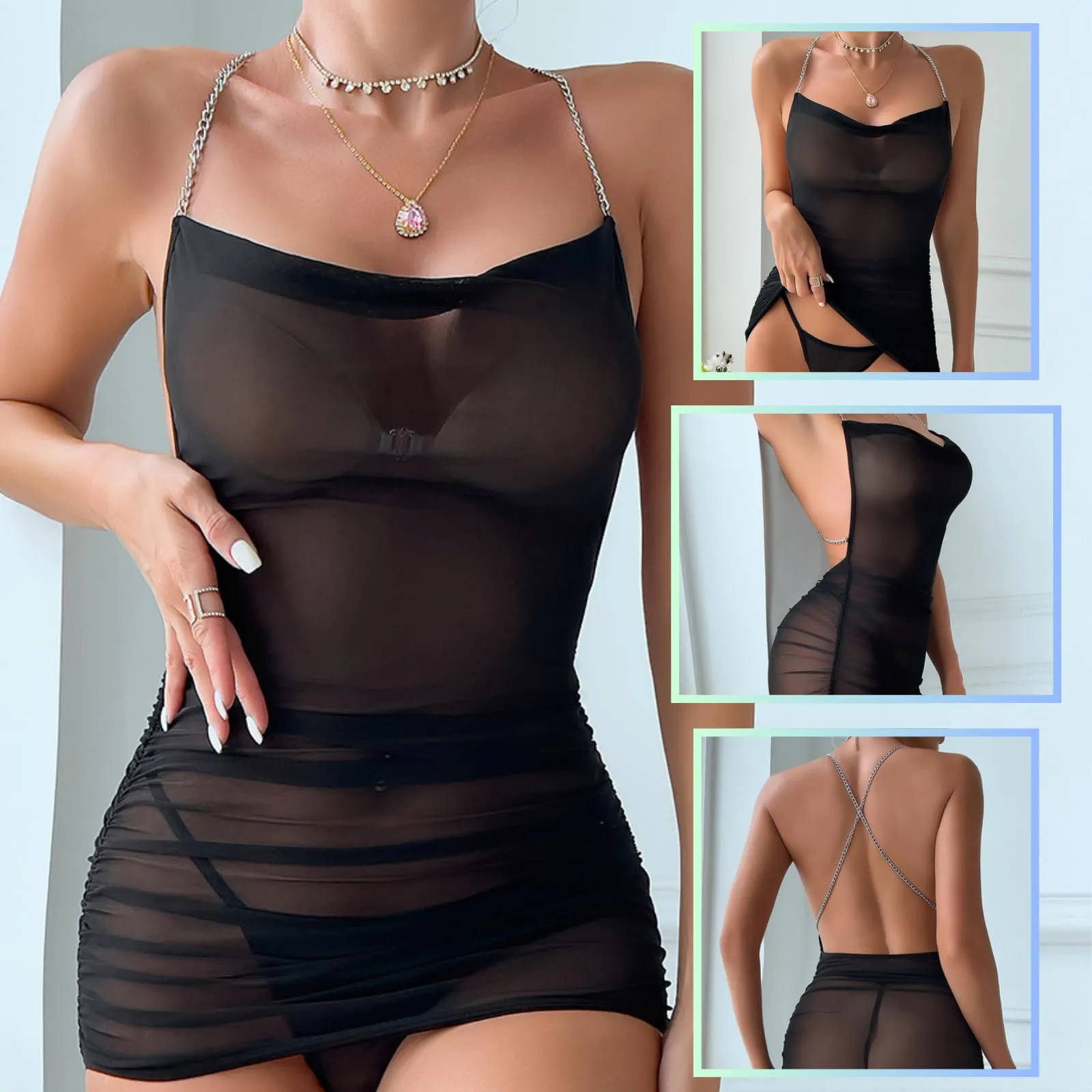 PARUPRUP Donna Mini Abito Trasparente con Spalline in Metallo, Babydoll Senza Schiena (Nero) - immagine 7