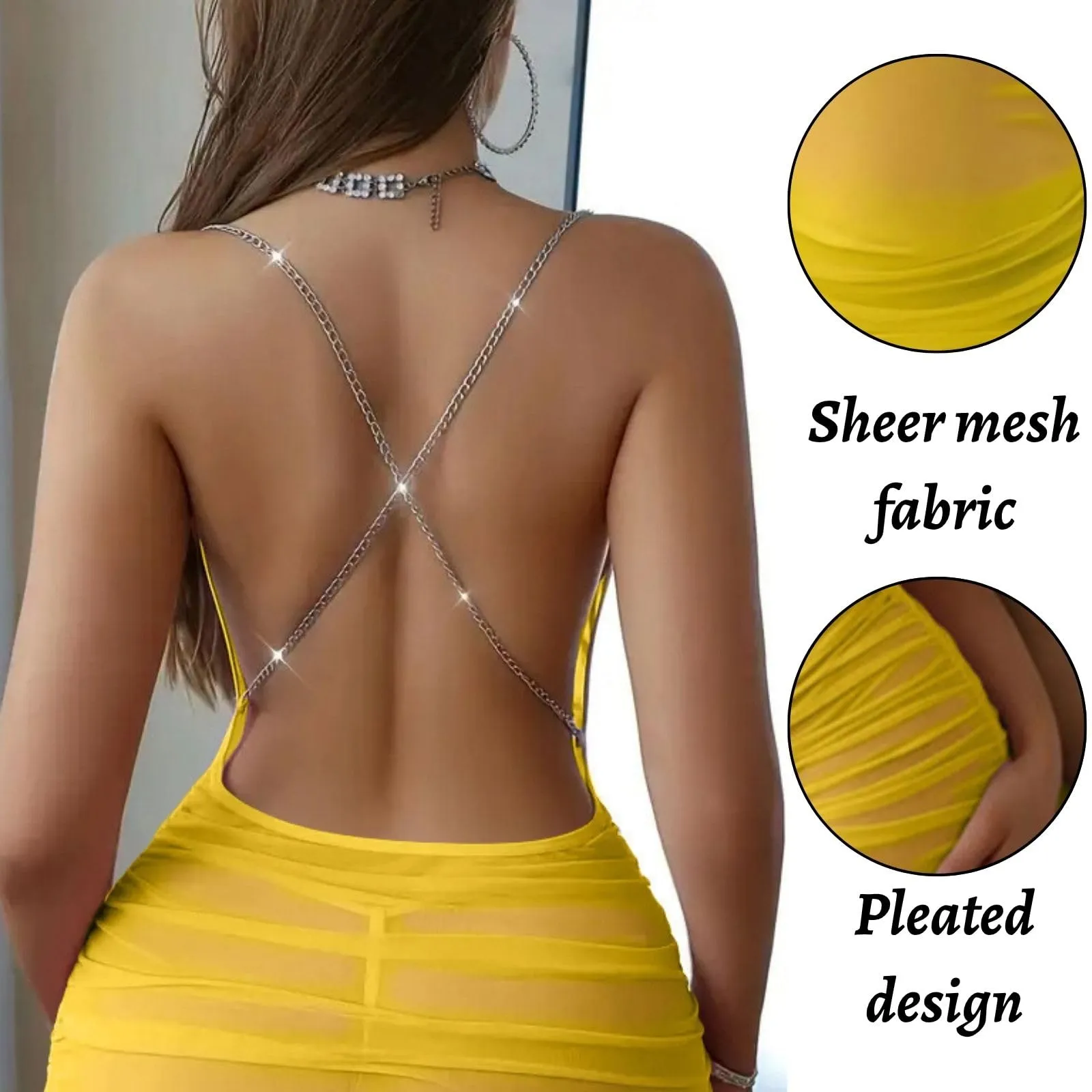 PARUPRUP Mini Abito Sexy da Donna Trasparente con Catena in Metallo, Giallo - immagine 5