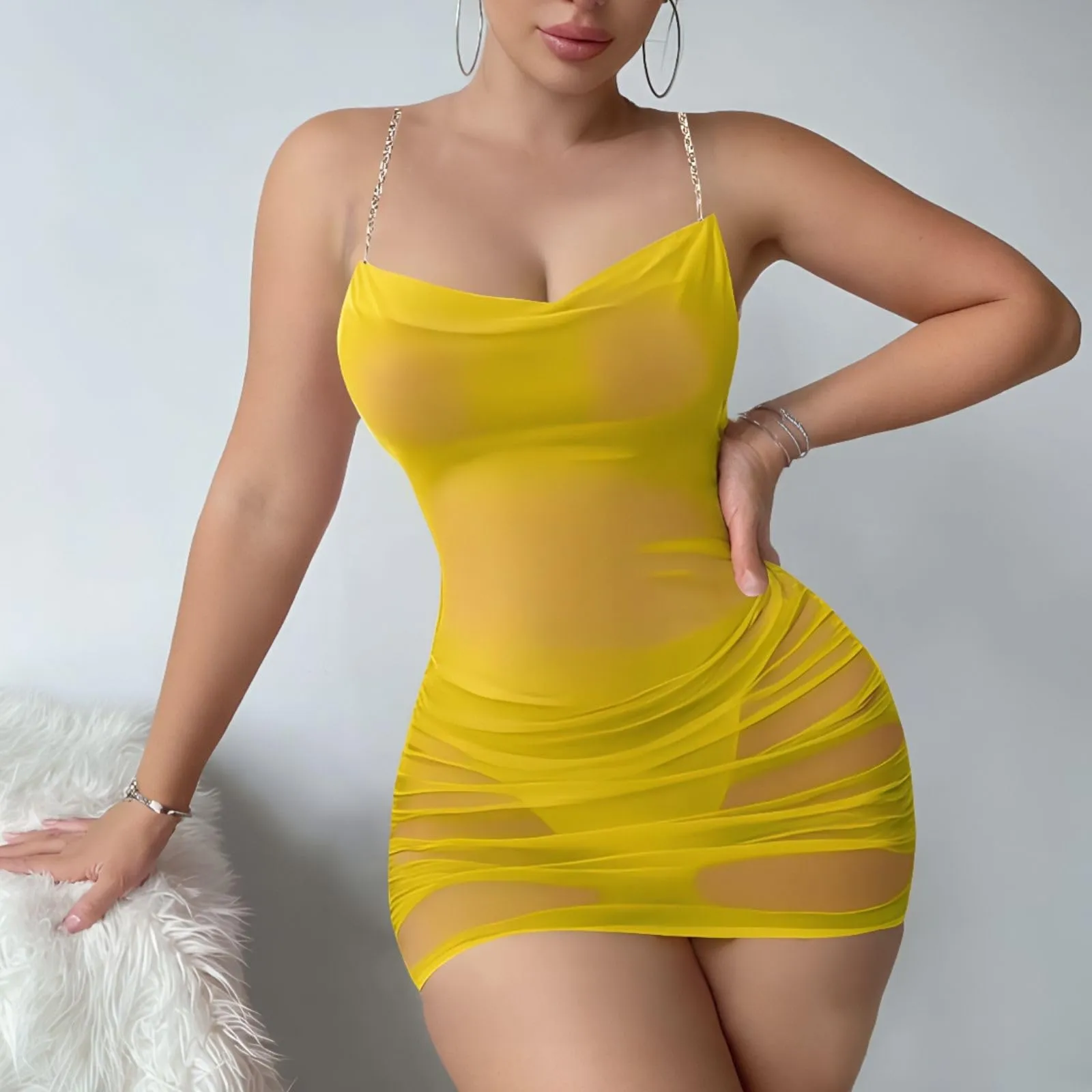 PARUPRUP Mini Abito Sexy da Donna Trasparente con Catena in Metallo, Giallo - immagine 7