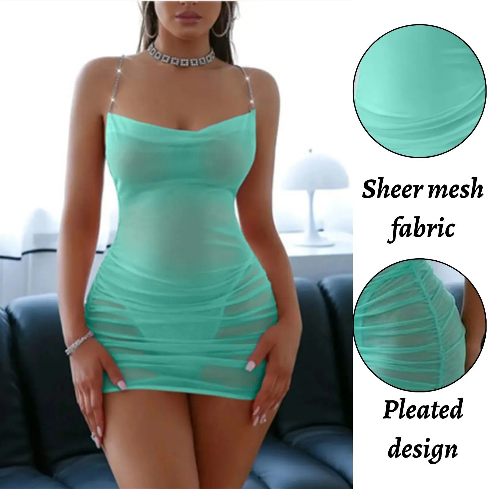 PARUPRUP Mini Abito Sexy da Donna Trasparente con Catena in Metallo, Verde - immagine 5