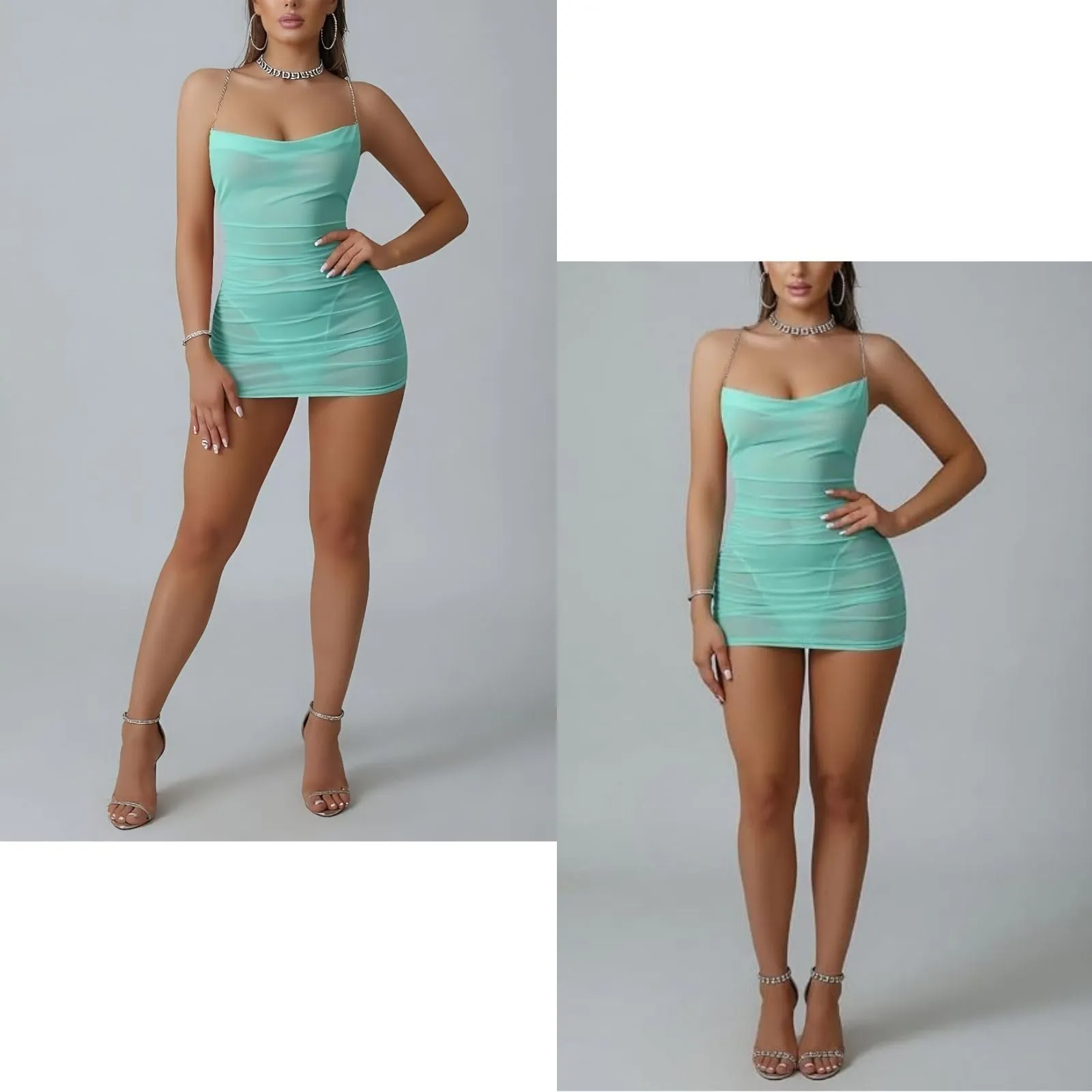 PARUPRUP Mini Abito Sexy da Donna Trasparente con Catena in Metallo, Verde - immagine 7