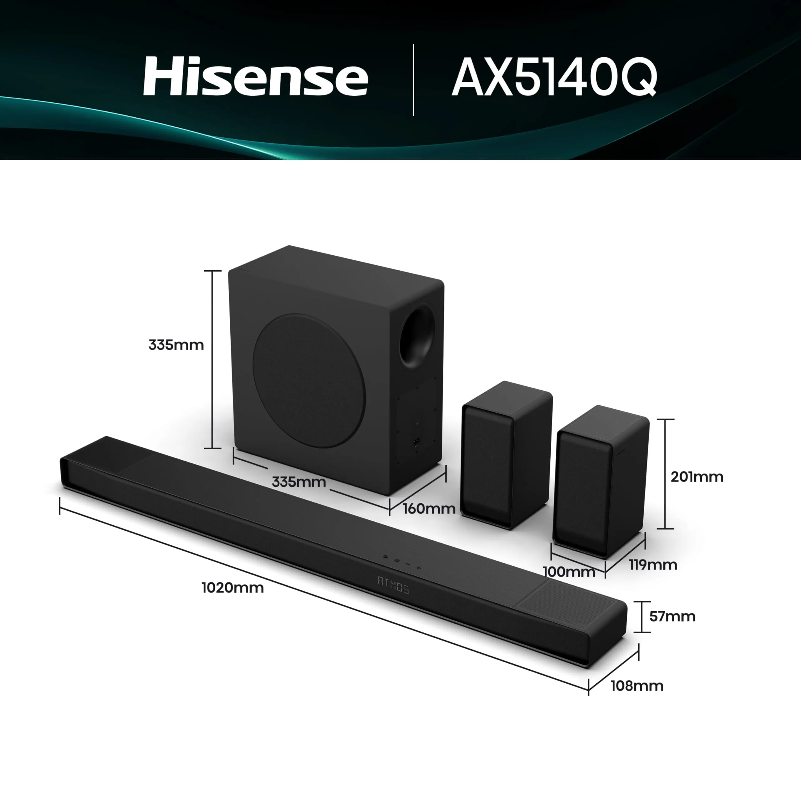 Hisense AX5140Q 5.1.4 Channel Soundbar with Wireless Subwoofer and Rear Surround Speakers, Dolby Atmos, DTS:X - immagine 3