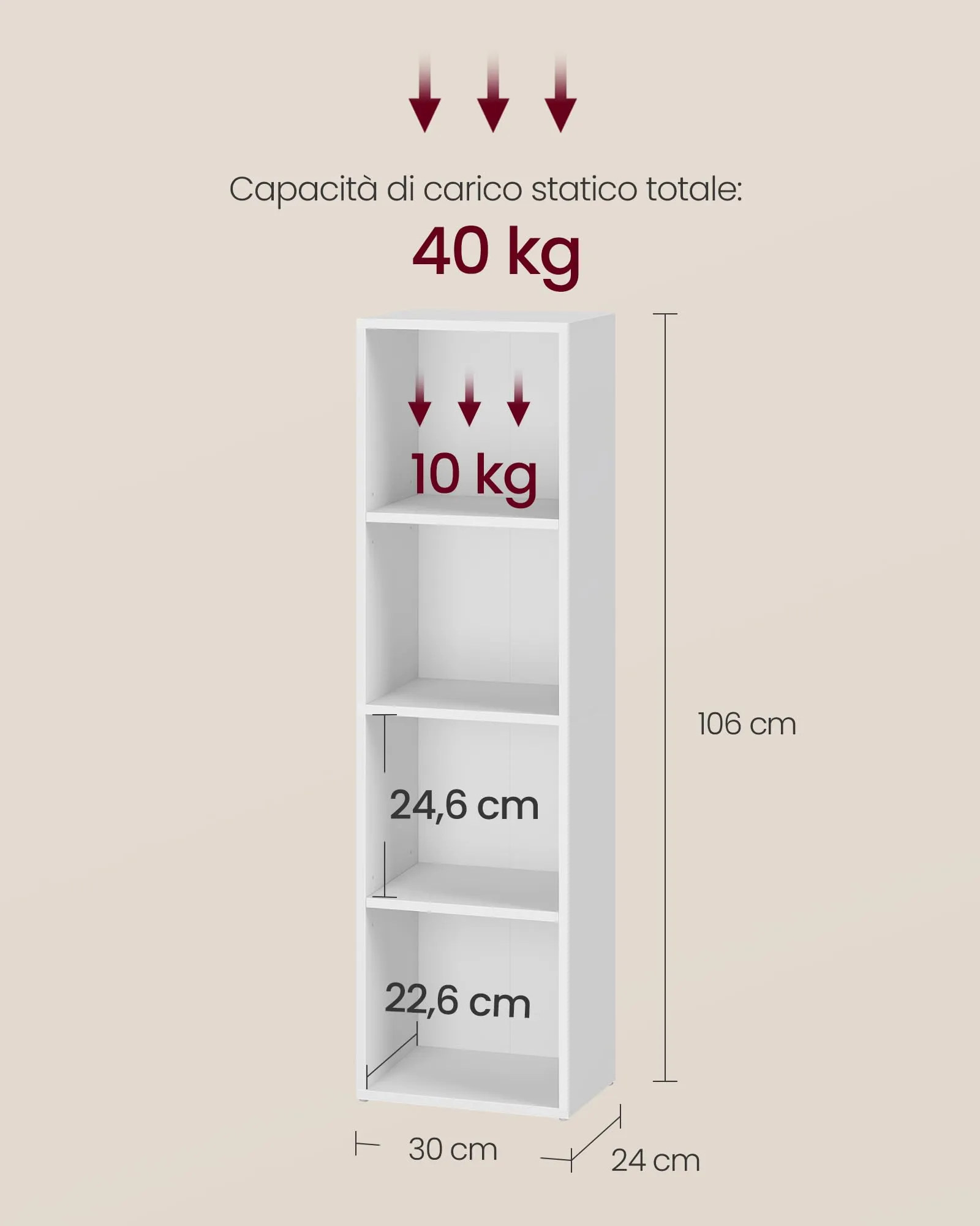 VASAGLE Custos Libreria a 4 Ripiani, 24 x 30 x 106 cm, Bianco Nuvola LBC434W01 - immagine 6