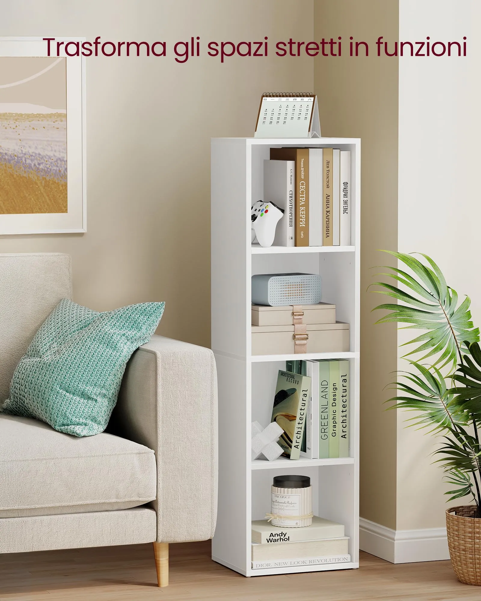 VASAGLE Custos Libreria a 4 Ripiani, 24 x 30 x 106 cm, Bianco Nuvola LBC434W01 - immagine 7