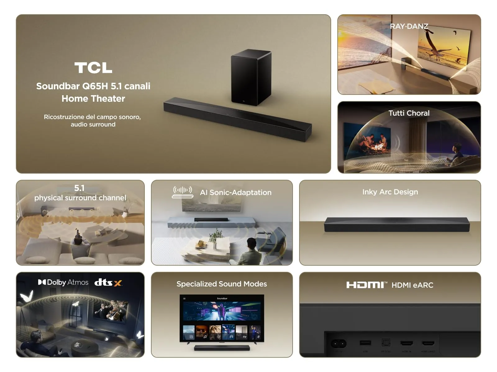 TCL Q65H 5.1 Channel Soundbar, 580W, Dolby Atmos, DTS:X, Bluetooth 5.3, HDMI eARC - immagine 4