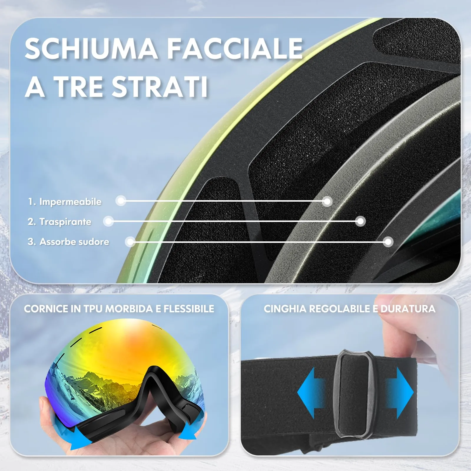 DADA-PRO Occhiali da sci e snowboard OTG Anti-Appannamento senza cornice Protezione UV, Oro - immagine 5