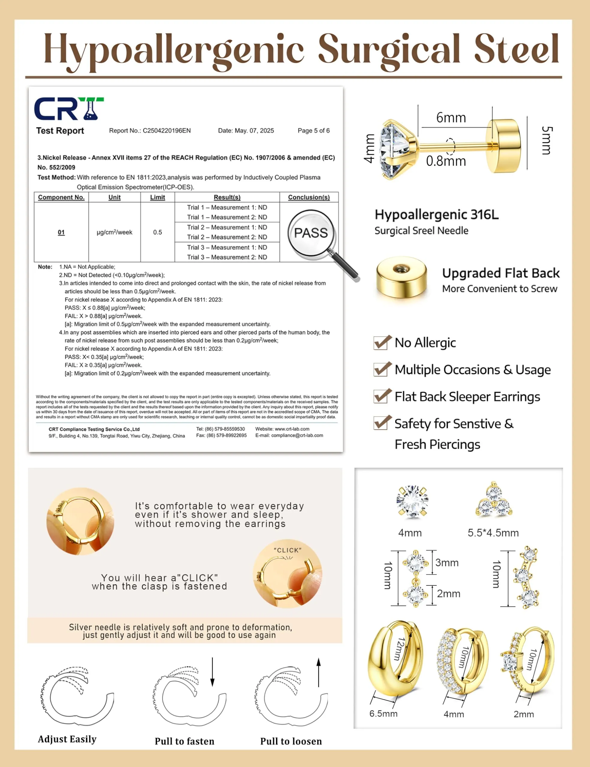 CASSIECA Set di 7 Paia di Orecchini a Cerchio Oro 14K per Donna, Acciaio Chirurgico Anallergico per Piercing Helix Trago Conch - immagine 2
