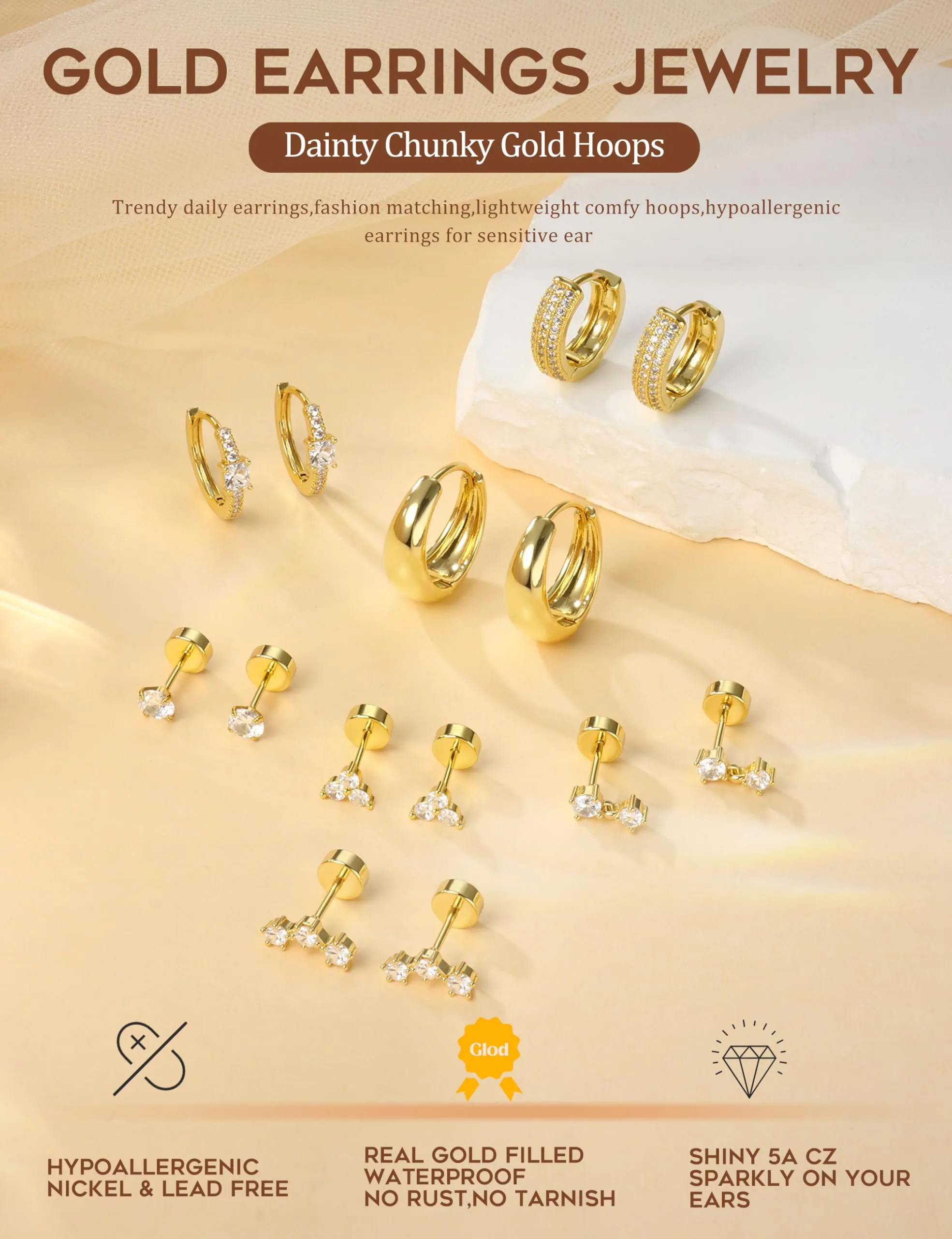 CASSIECA Set di 7 Paia di Orecchini a Cerchio Oro 14K per Donna, Acciaio Chirurgico Anallergico per Piercing Helix Trago Conch - immagine 7