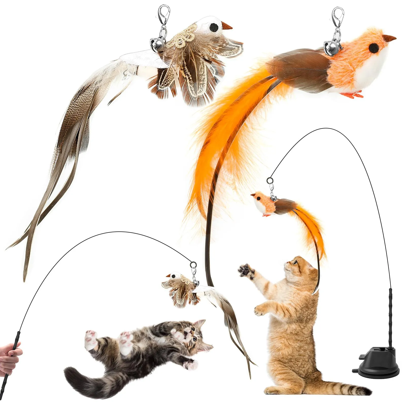 AiQInu Giochi per Gatti, Set Interattivo con Ventosa, Canna da Pesca e 2 Uccelli a Campana - immagine 1