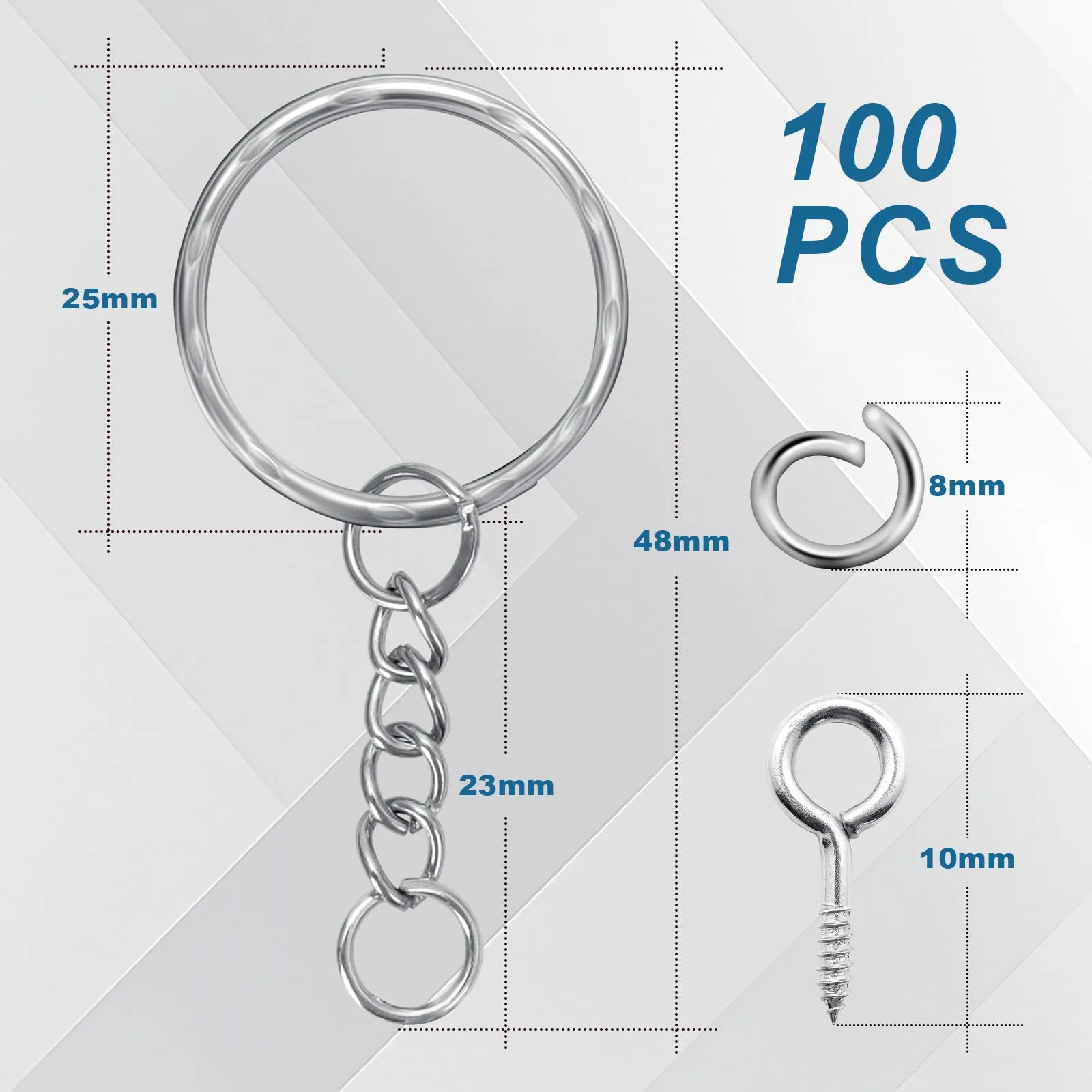 AiQInu Anelli Portachiavi con Catena e Bullone ad Occhio, 25mm, 100 Pezzi - Argento - immagine 3