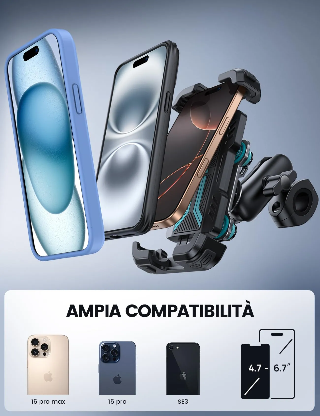Lamicall Supporto Telefono Moto Antifurto con Doppio Antivibrazione, 4,7-6,7 Zoll, Blu - immagine 5