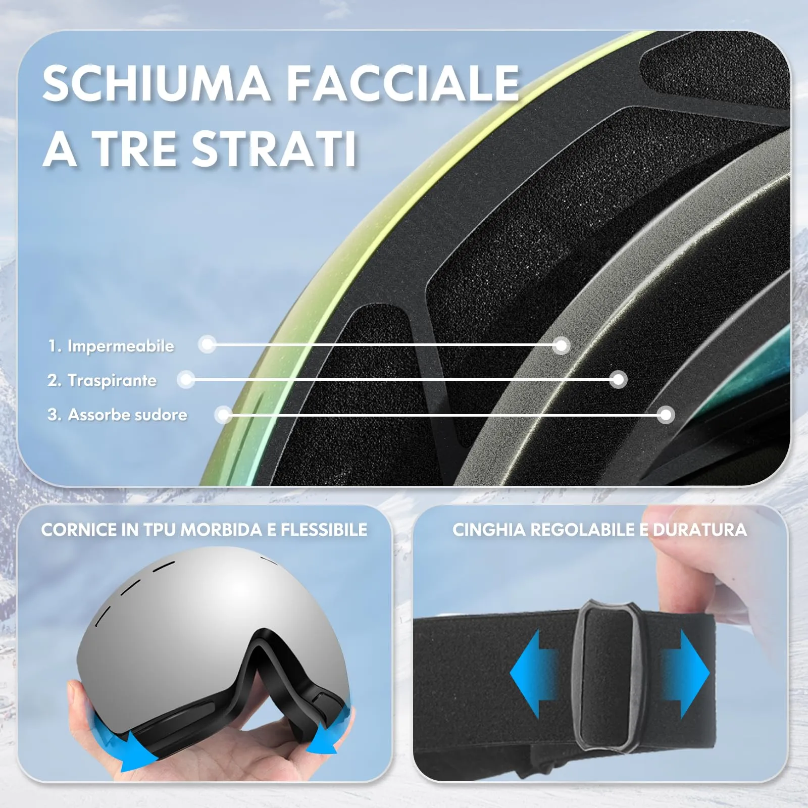 DADA-PRO Occhiali da Sci e Snowboard OTG Anti-Appannamento, Senza Cornice, Protezione UV, Argento - immagine 5
