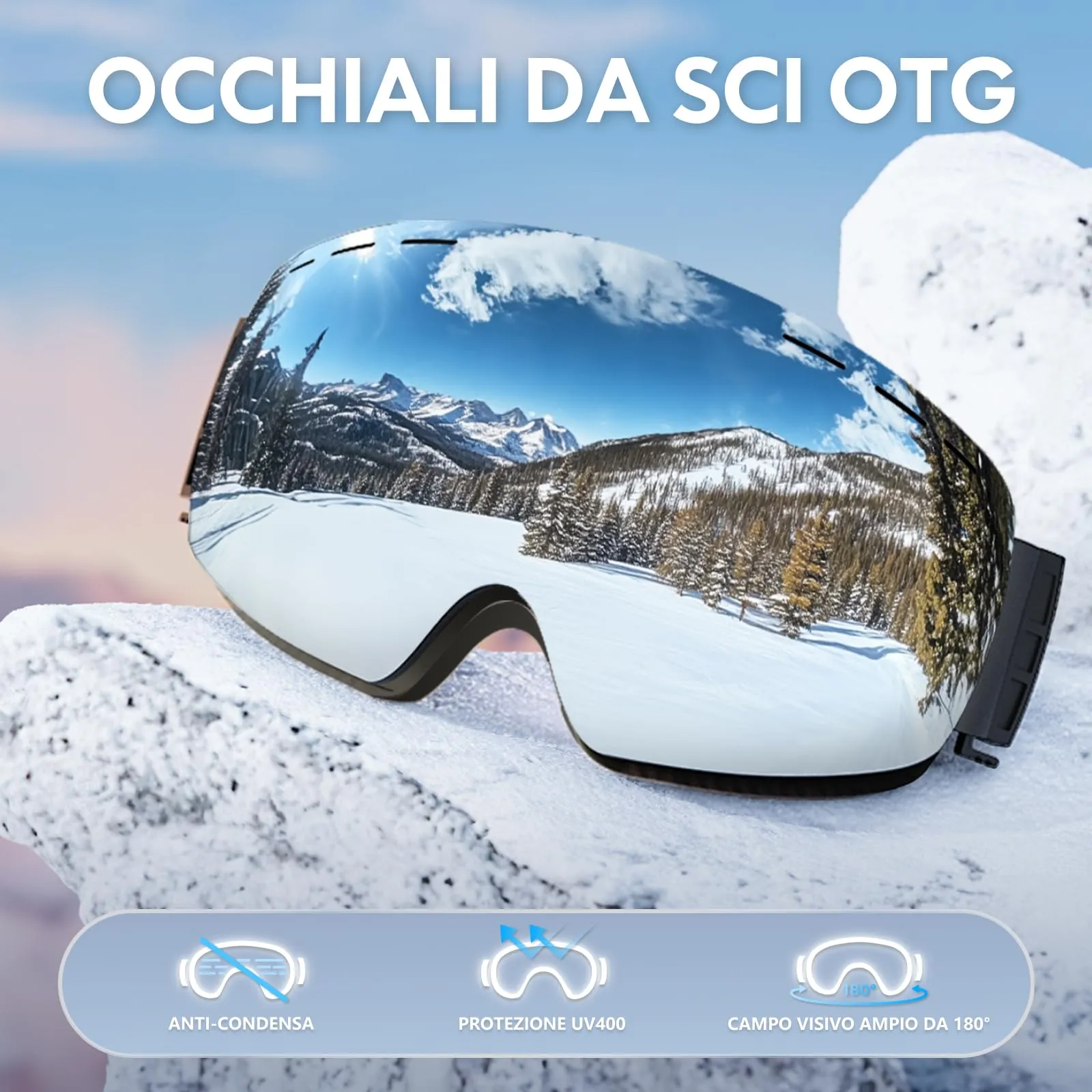 DADA-PRO Occhiali da sci e snowboard OTG Anti-Appannamento senza cornice, Protezione UV (Blu) - immagine 4