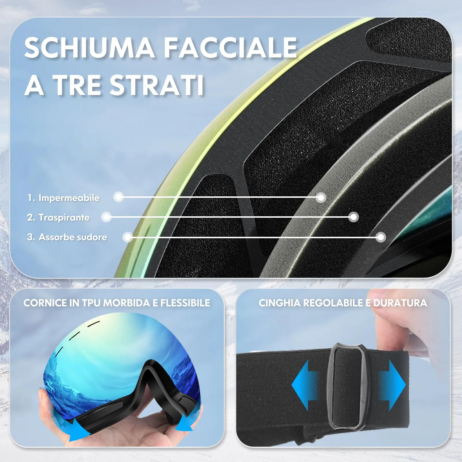 DADA-PRO Occhiali da sci e snowboard OTG Anti-Appannamento senza cornice, Protezione UV (Blu) - immagine 5
