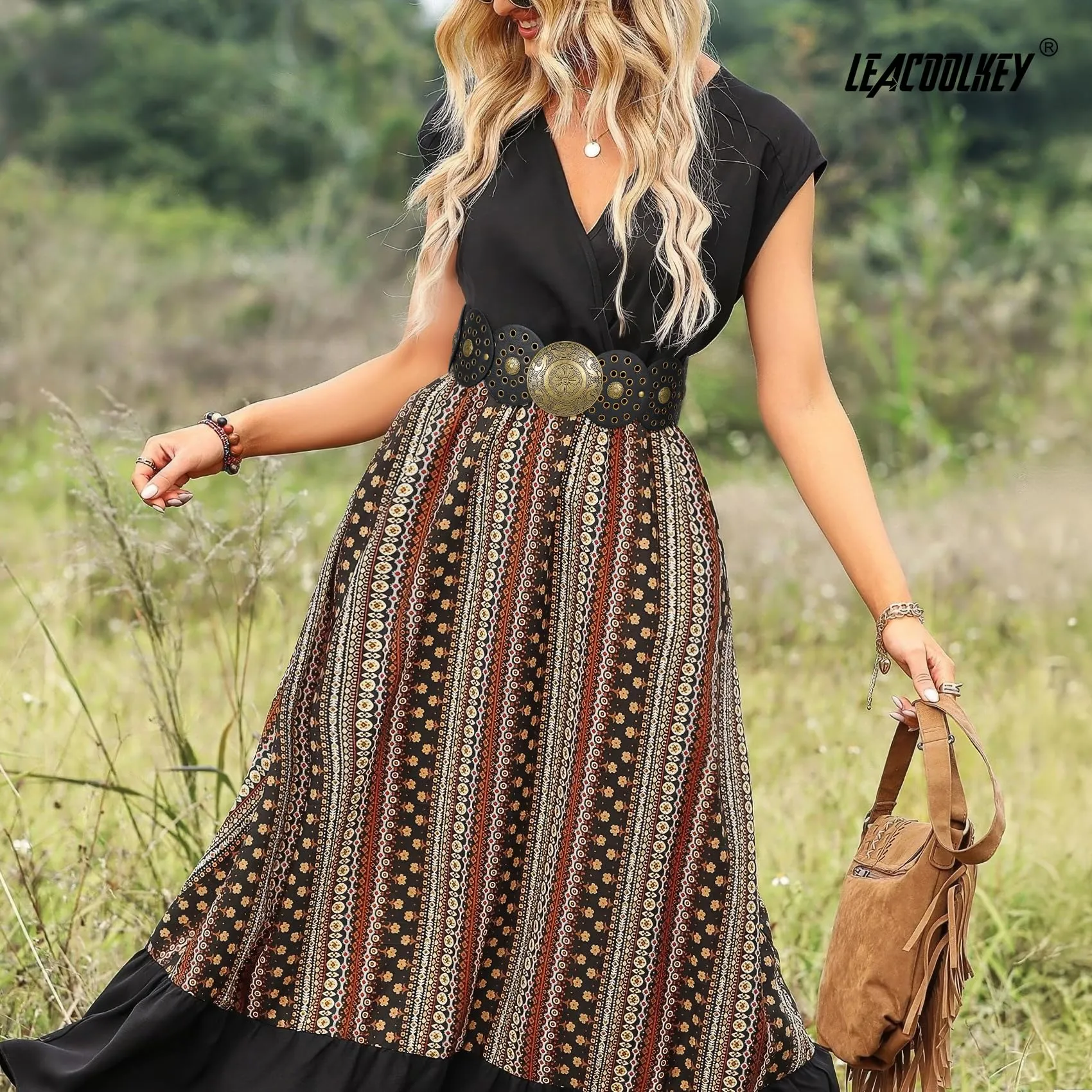 LEACOOLKEY Cintura Donna Boho Western in Pelle con Concho per Vestiti e Jeans - immagine 3