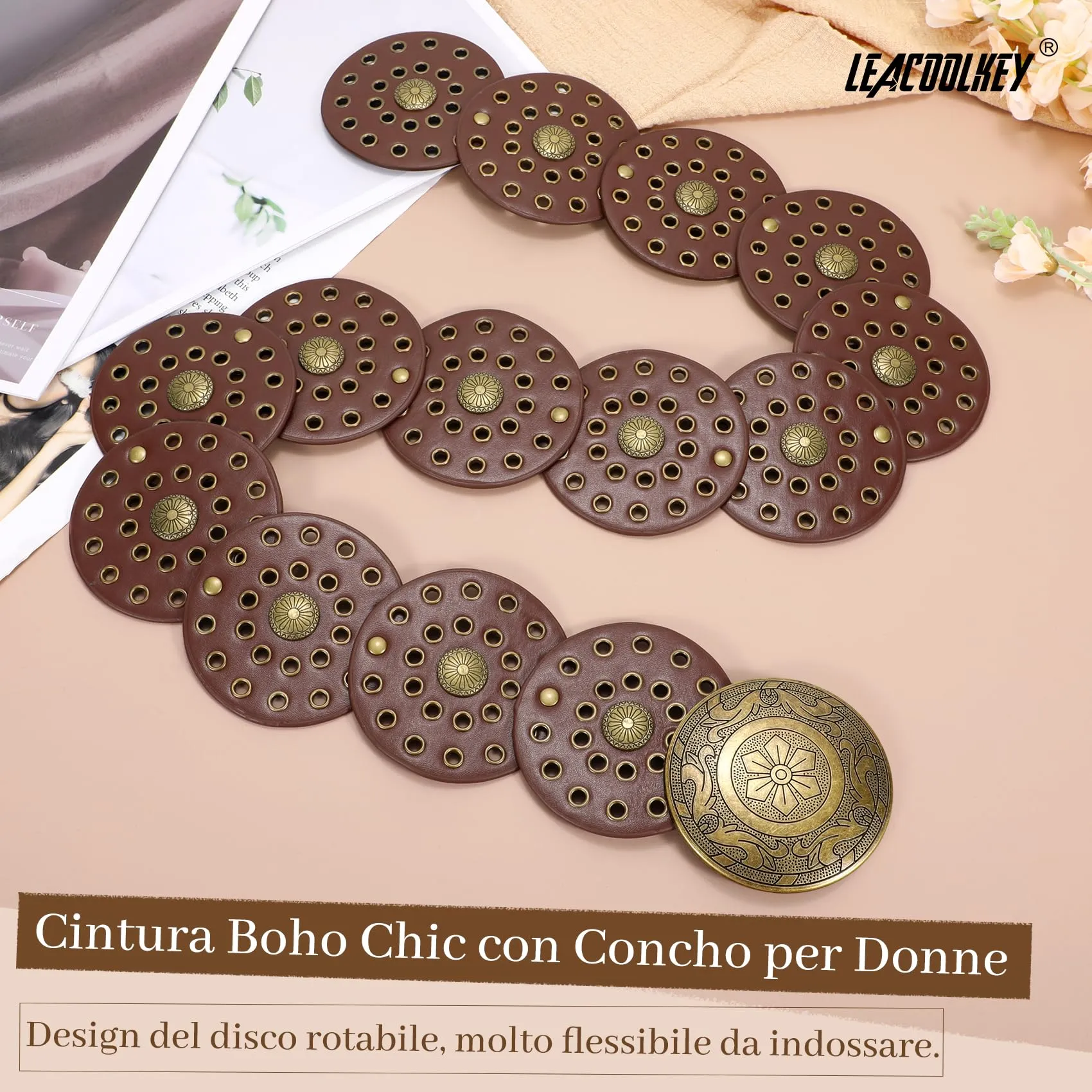 LEACOOLKEY Cintura Donna Boho Western in Pelle con Concho per Vestiti e Jeans - immagine 2