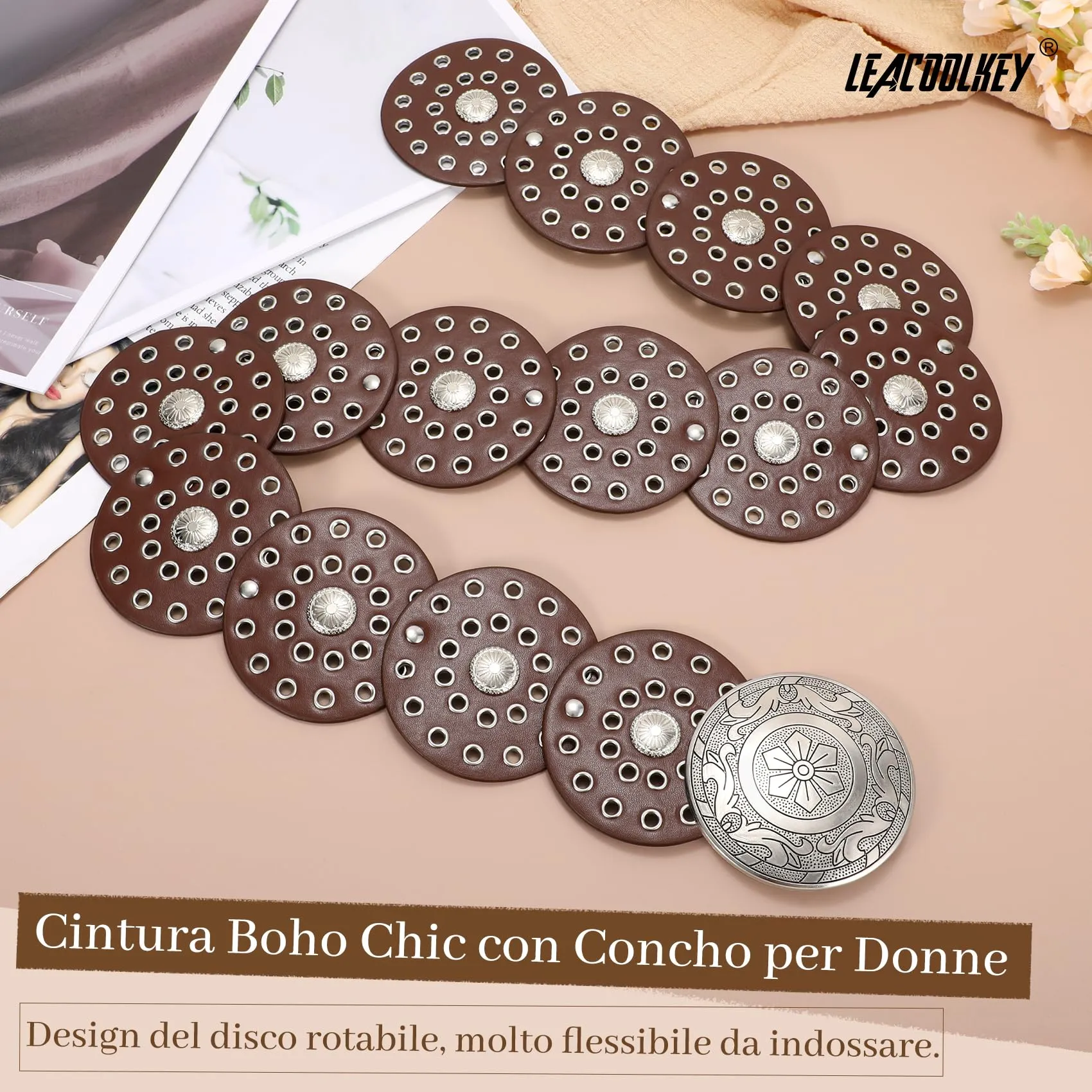 LEACOOLKEY Cintura Donna Boho Western in Pelle con Concho per Vestiti e Jeans - immagine 2
