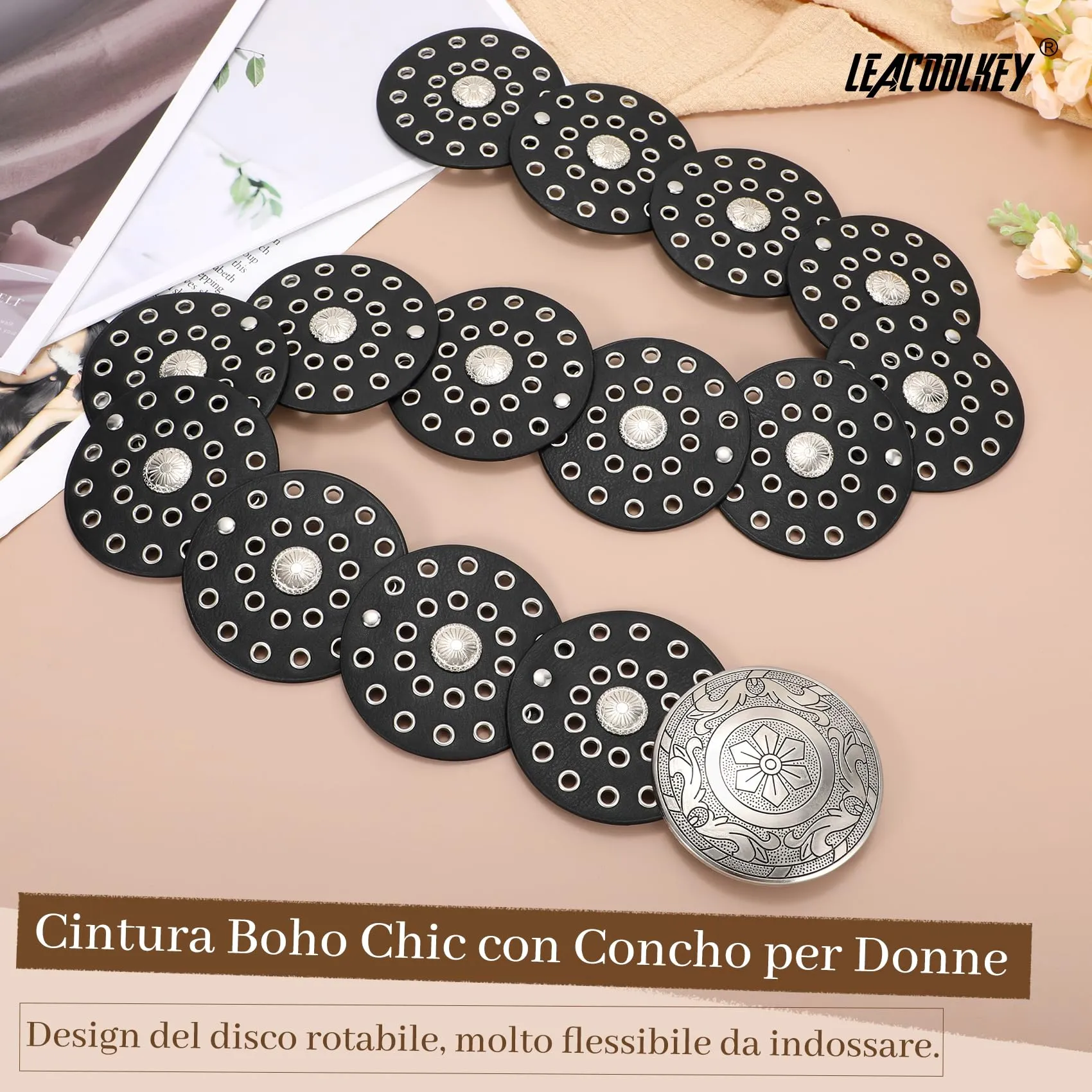 LEACOOLKEY Cintura Donna Boho Disco Larga Western in Pelle Concho per Vestiti e Jeans - immagine 2