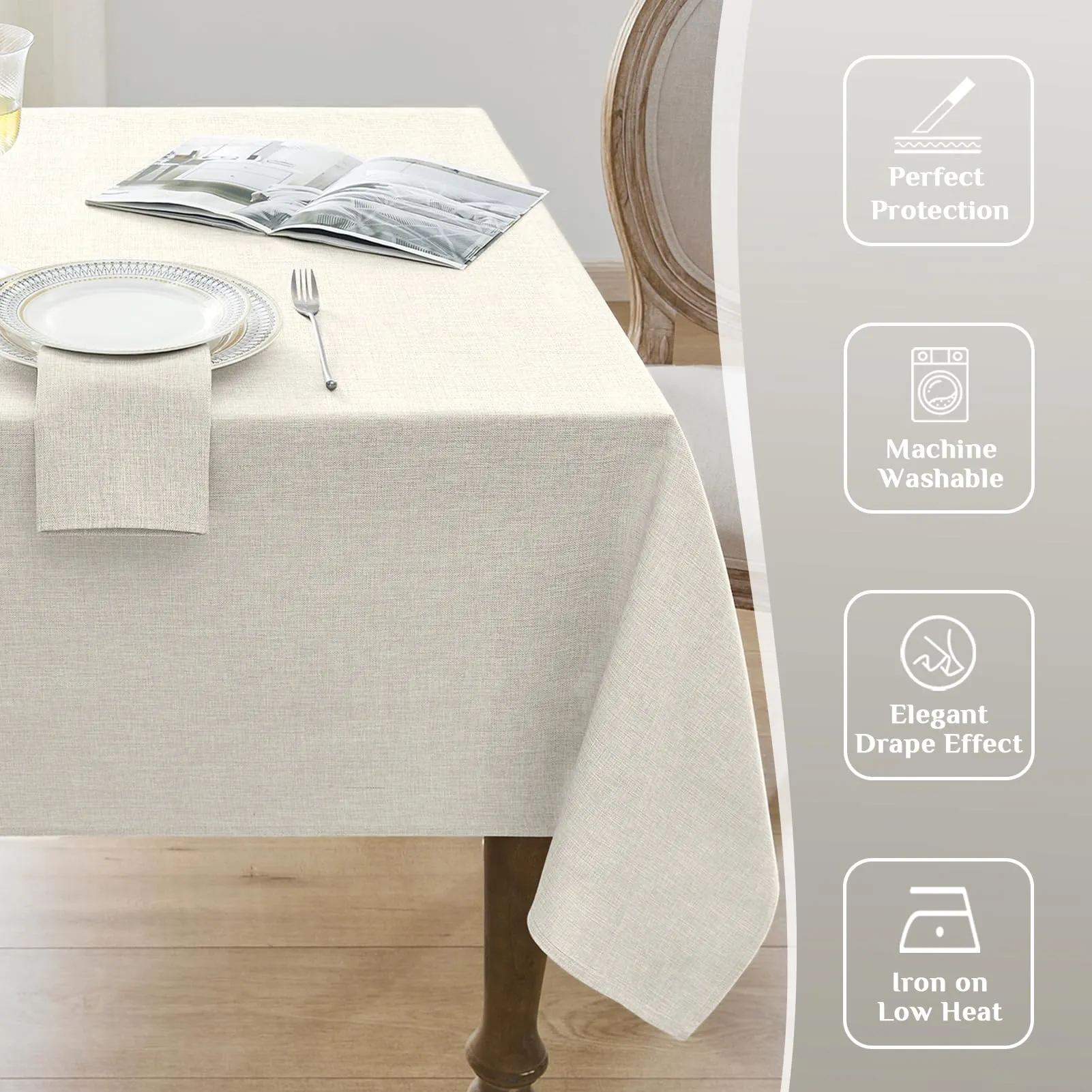 Softalker Tovaglia Rettangolare in Finto Lino, 240x140cm, Crema, Lavabile e Idrorepellente, 6-8 Posti - immagine 5