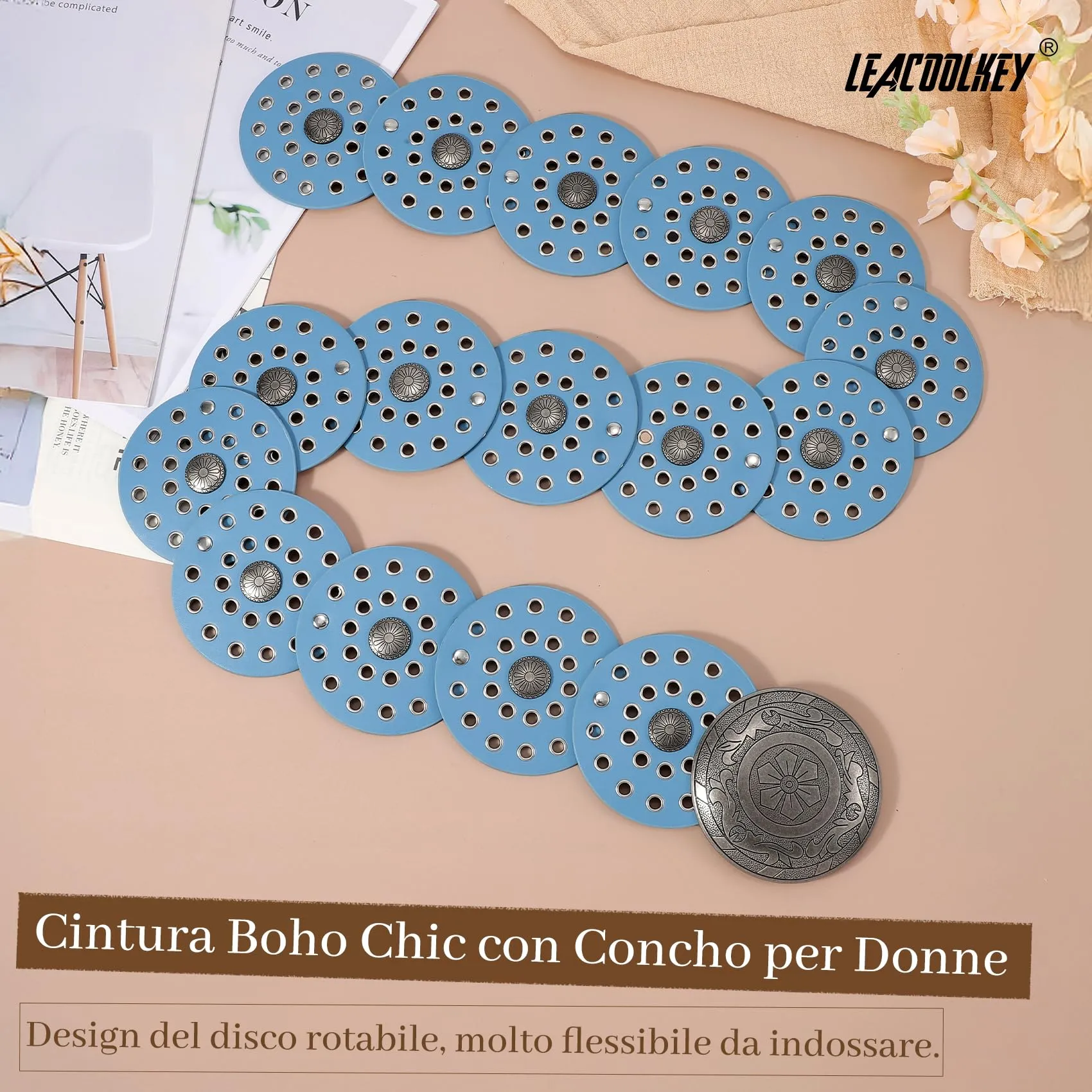 LEACOOLKEY Cintura Donna Boho Disco Larga Western in Pelle Concho per Vestiti e Jeans - immagine 2