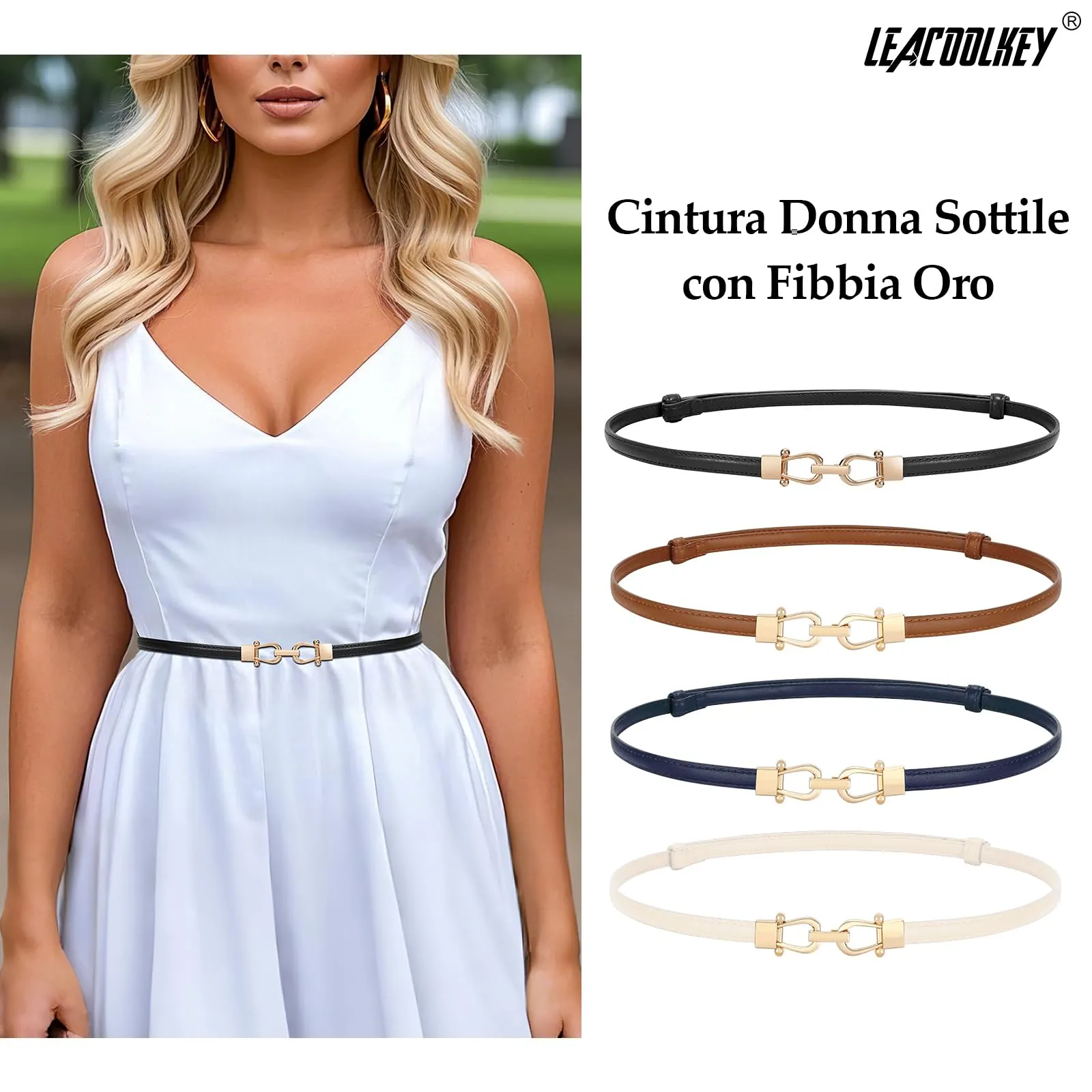 LEACOOLKEY Cintura Sottile in Pelle per Donna con Fibbia Dorata, Beige, 105cm - immagine 2