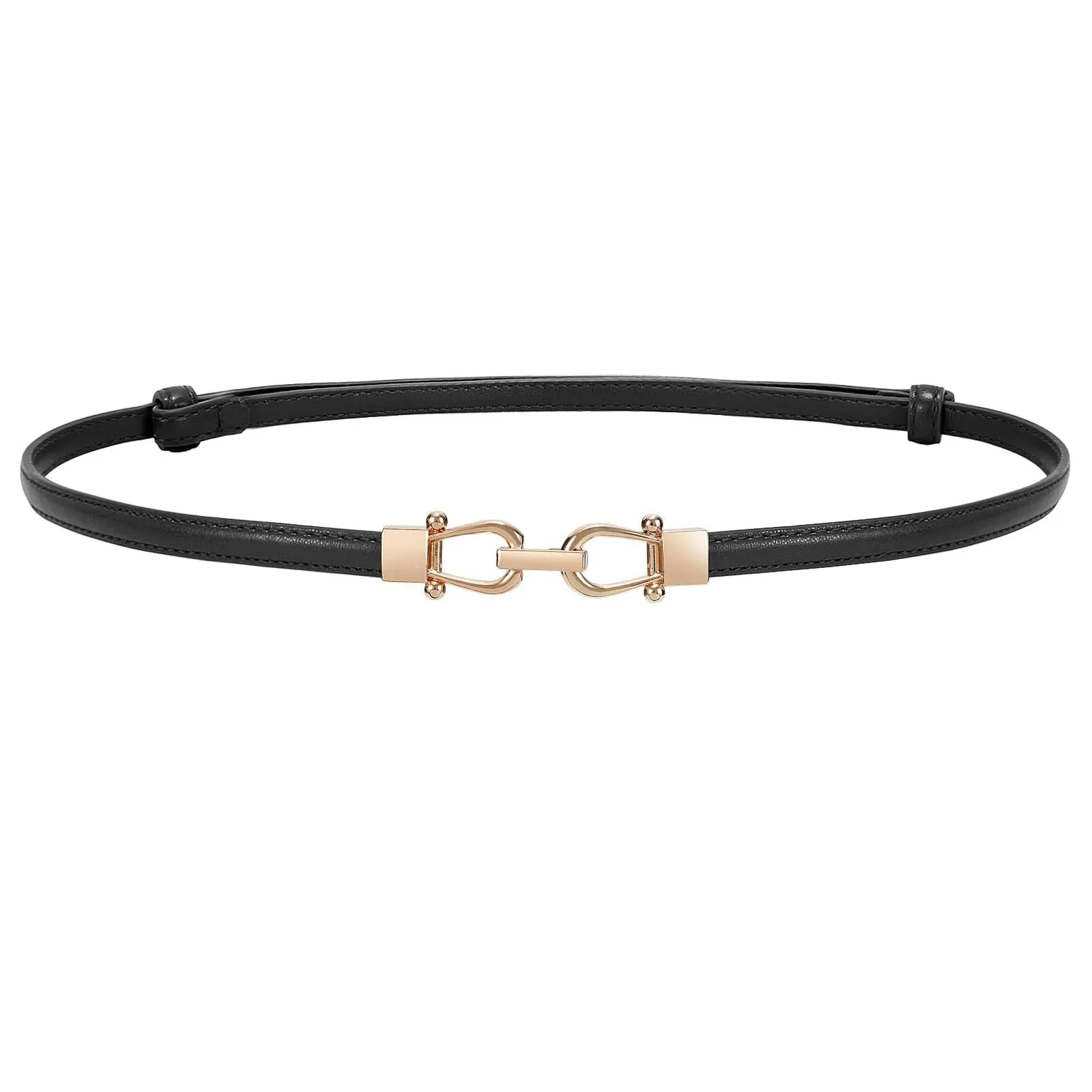 LEACOOLKEY Cintura Sottile in Pelle per Donna con Fibbia Dorata, Nero, 105cm - immagine 1