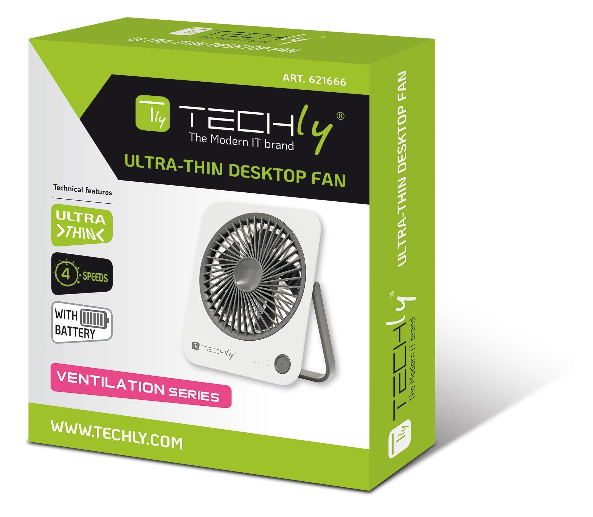 Techly 621666 Ventilatore da Scrivania Ultra Sottile Pieghevole e Portatile, 4 velocità, Bianco - immagine 2