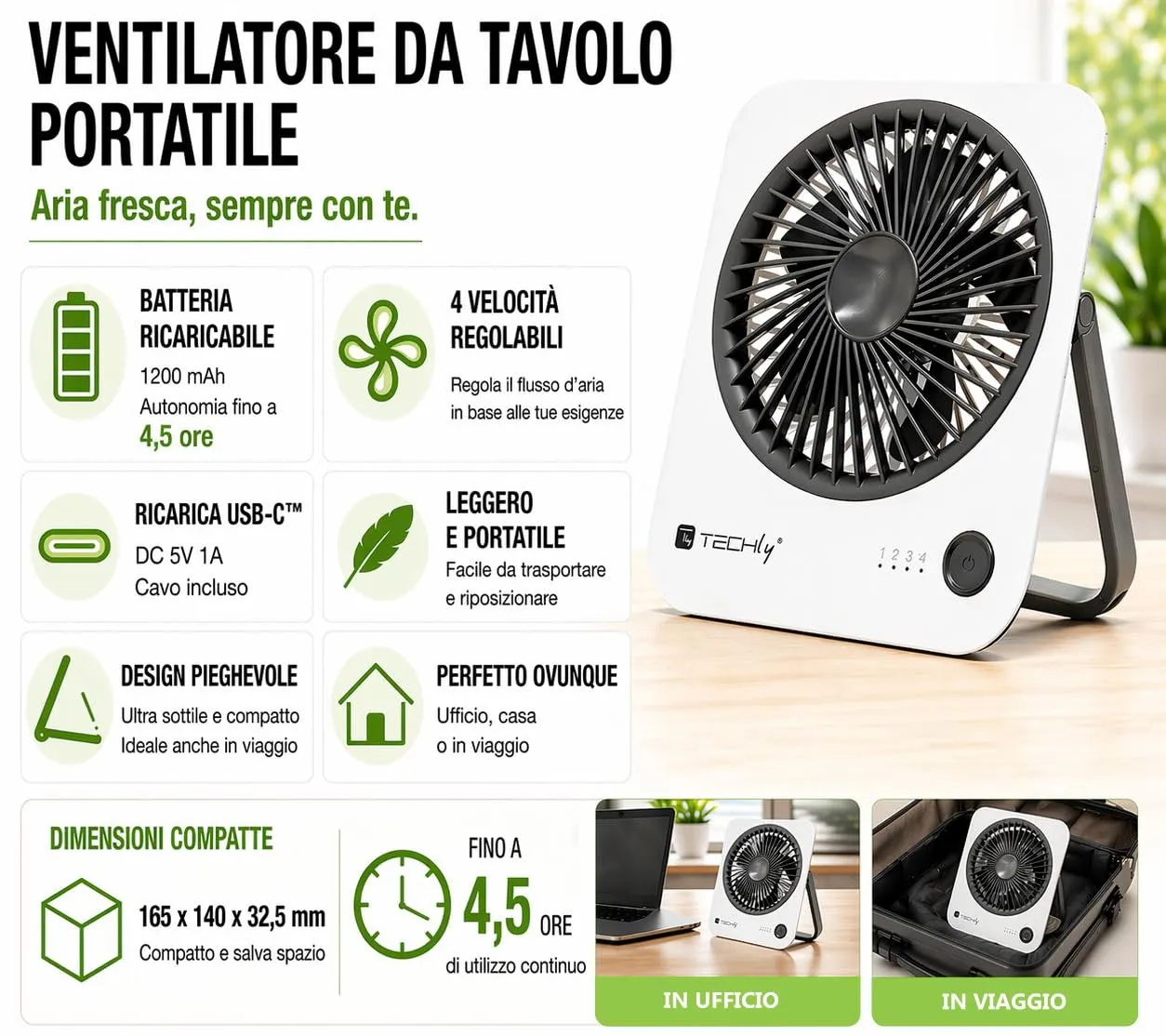 Techly 621666 Ventilatore da Scrivania Ultra Sottile Pieghevole e Portatile, 4 velocità, Bianco - immagine 4