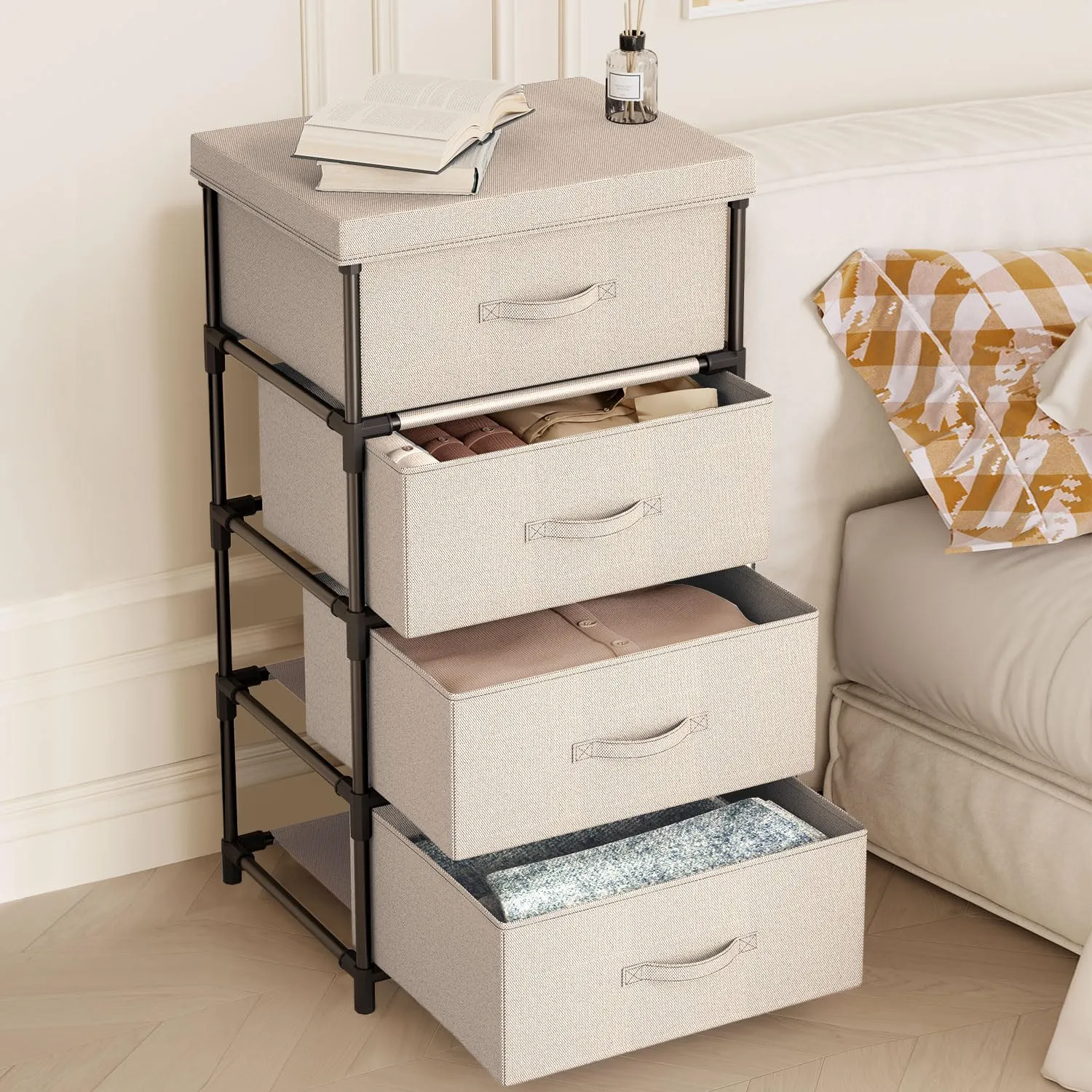 WANGIRL Cassettiera in Tessuto con Struttura in Metallo, 4 Cassetti - Beige - immagine 2