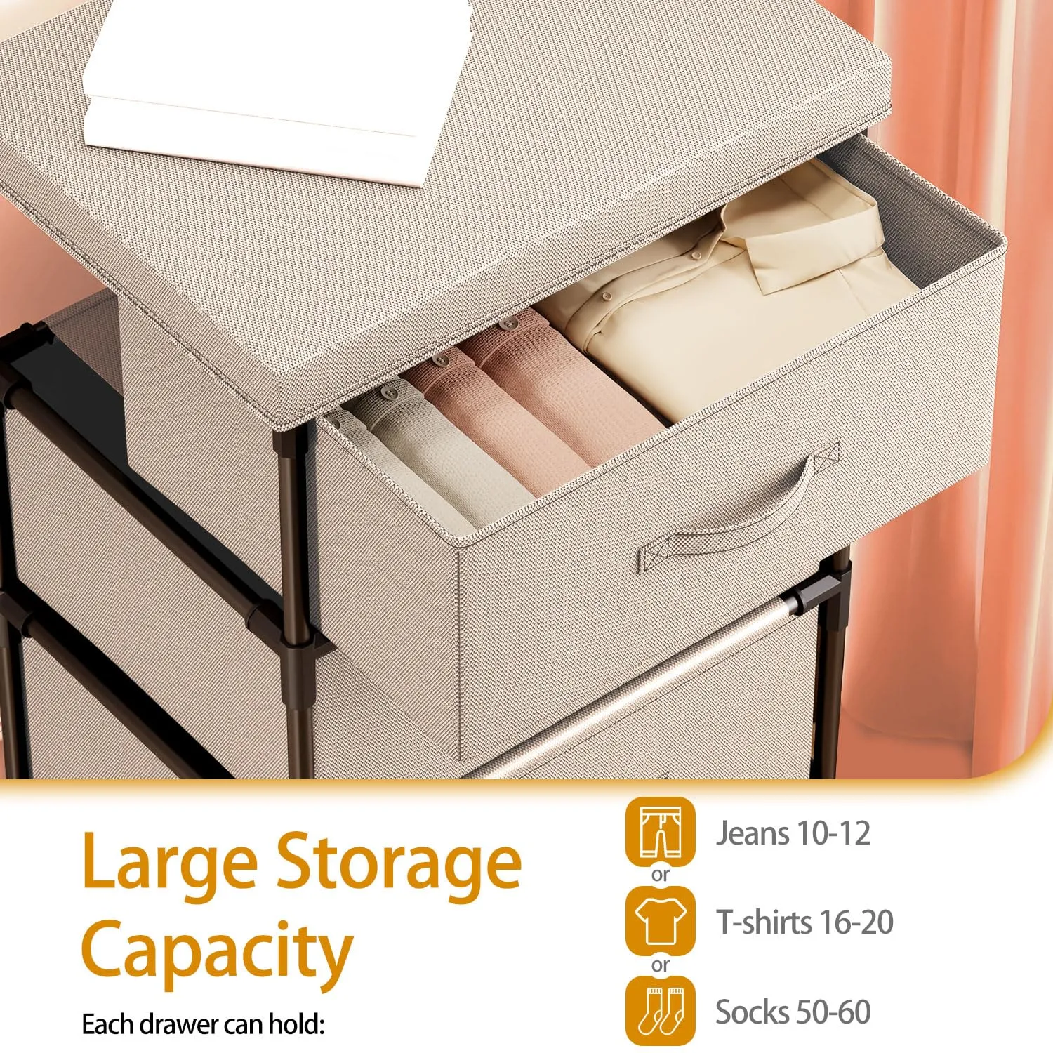 WANGIRL Cassettiera in Tessuto con Struttura in Metallo, 4 Cassetti - Beige - immagine 5