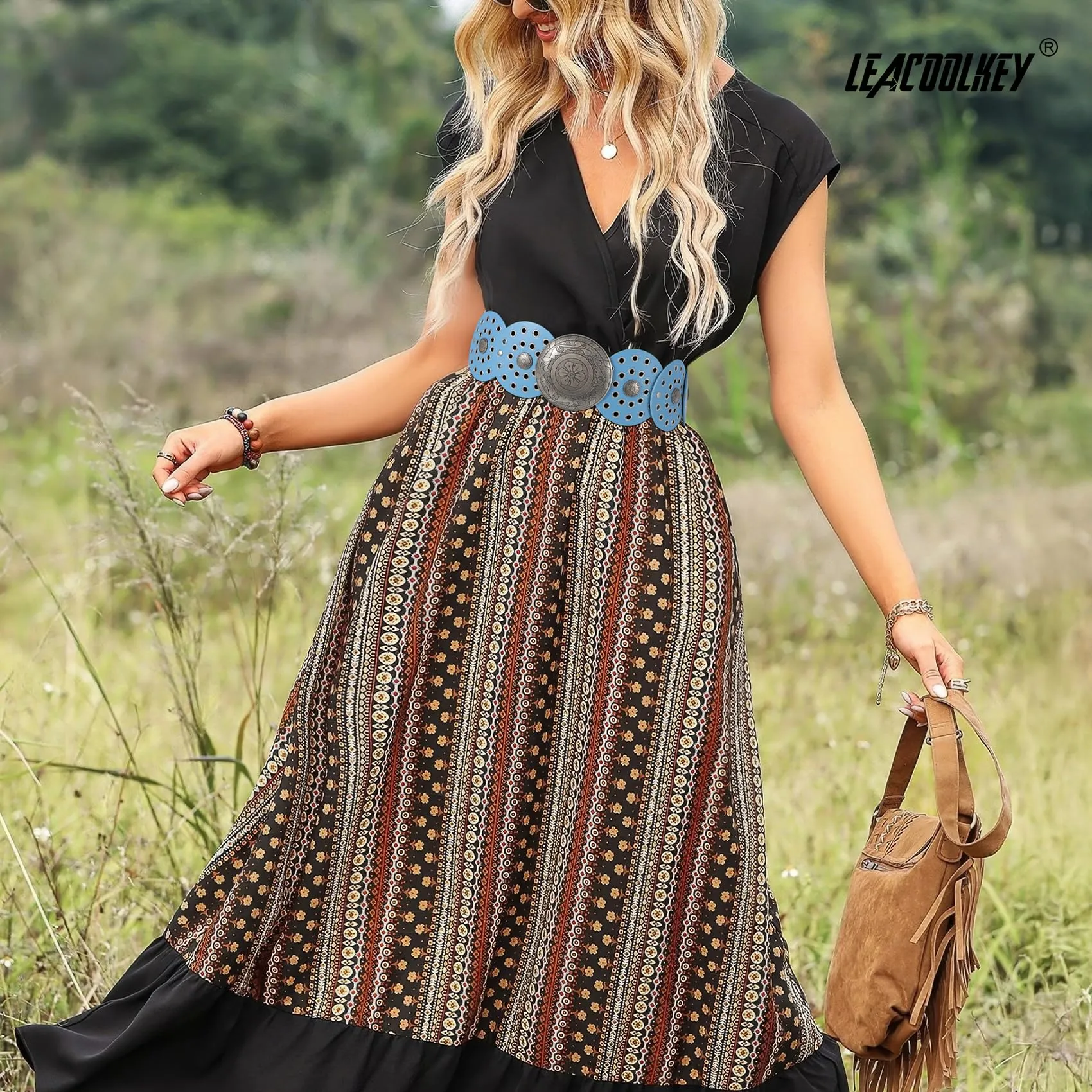 LEACOOLKEY Cintura Donna Boho Western in Pelle con Concho per Vestiti e Jeans - immagine 5