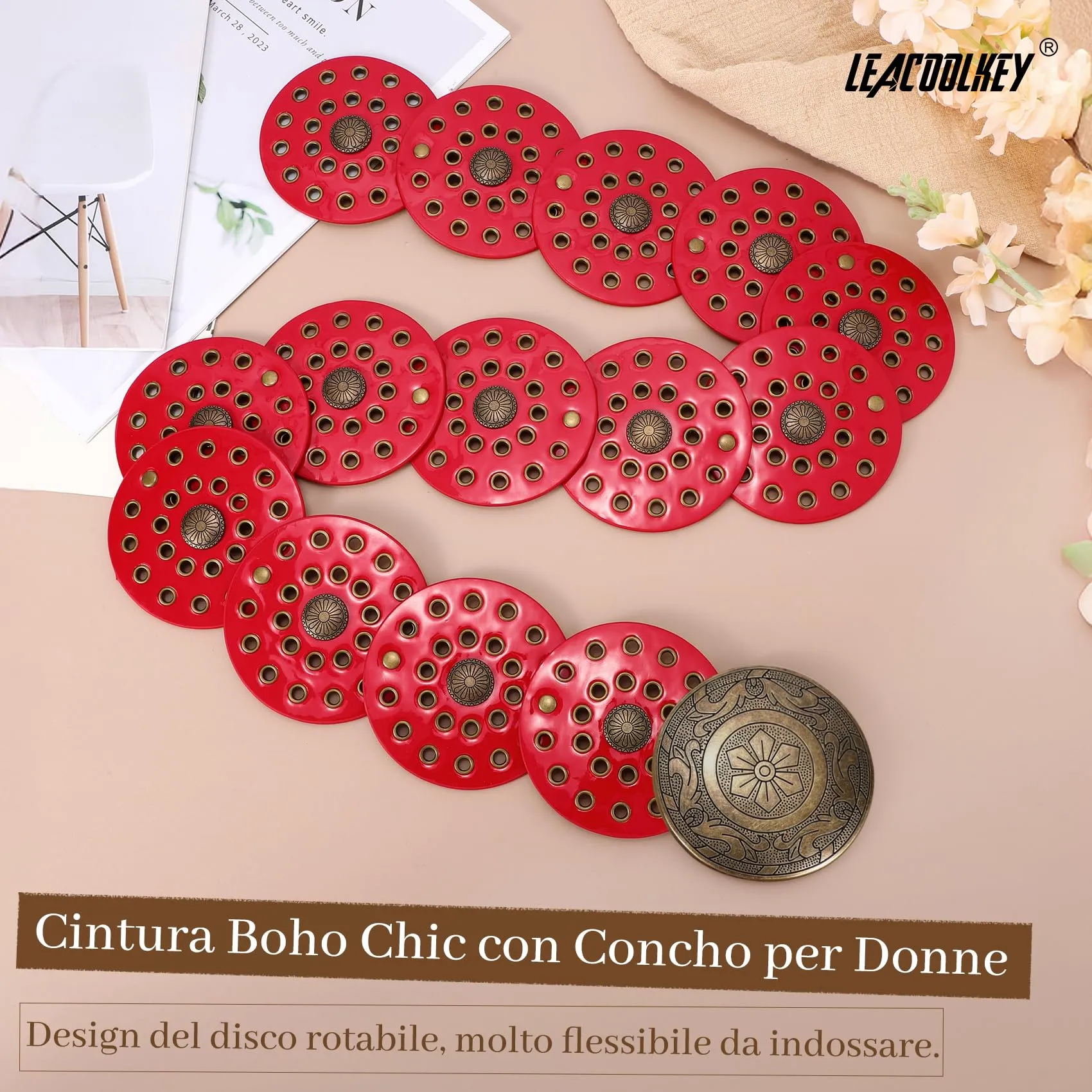 LEACOOLKEY Cintura Donna Boho Western in Pelle con Concho per Vestiti e Jeans - immagine 2