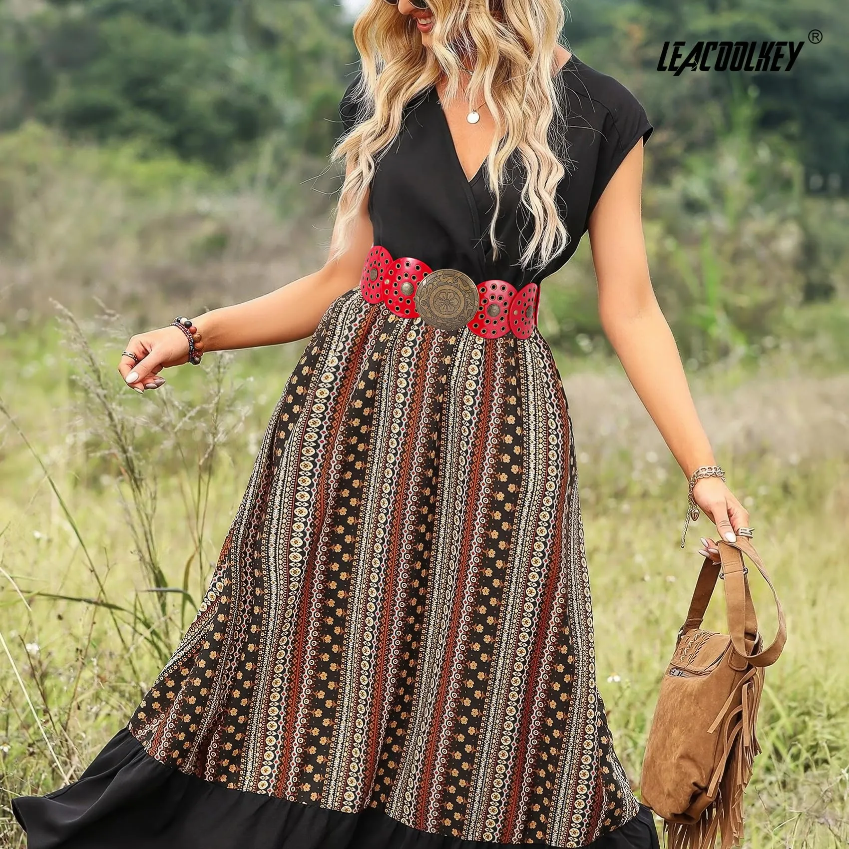LEACOOLKEY Cintura Donna Boho Western in Pelle con Concho per Vestiti e Jeans - immagine 5